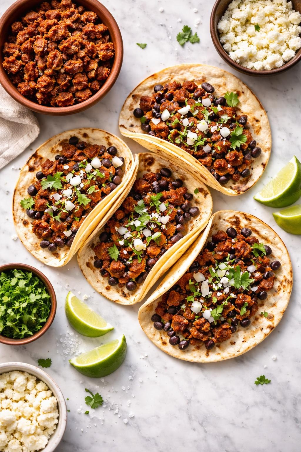 Image Prompt: Realistic top-down editorial food photography of Mexican chorizo and bean tacos on a clean white and gray marble countertop, warm tortillas filled with browned chorizo, black beans, chopped onion, cilantro, and crumbled queso fresco, lime wedges nearby, bright natural daylight, fresh homemade taco night mood, no people, no hands, no text, no watermarks, no props with writing.