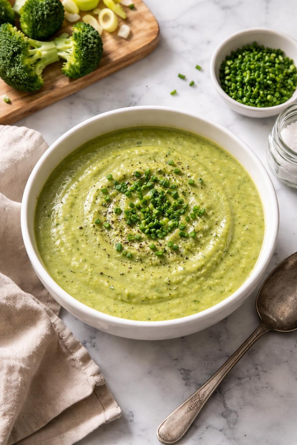 Image Prompt: Realistic top-down editorial food photography of broccoli leek soup in a simple white bowl on a white and gray marble countertop, smooth creamy green soup made with broccoli and soft leeks, topped with black pepper and chopped chives, cozy homemade styling, bright natural light, soft shadows, no people, no hands, no text, no watermarks, no props with writing.