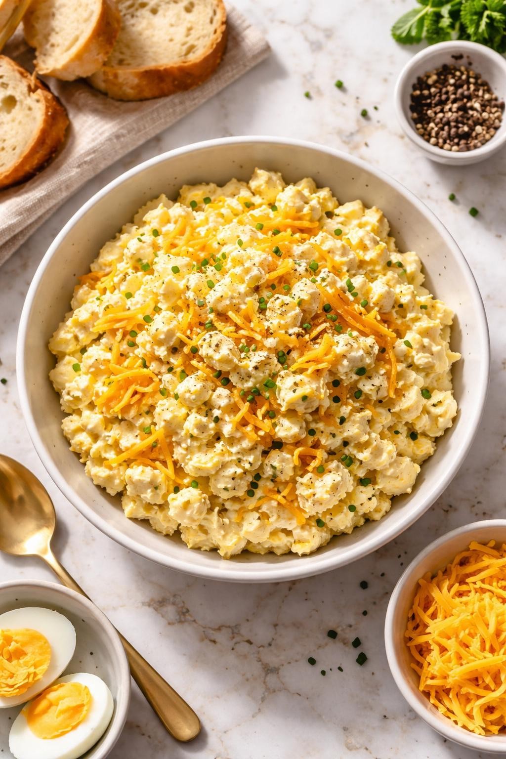 Image Prompt: Realistic top-down editorial food photography of egg salad with shredded cheddar in a shallow white bowl on a marble countertop, creamy chopped egg salad with cheddar cheese, mayonnaise, mustard, and black pepper, cozy homemade lunch styling, bright natural light, soft shadows, high detail, realistic textures, no people, no hands, no text, no watermarks, no props with writing.