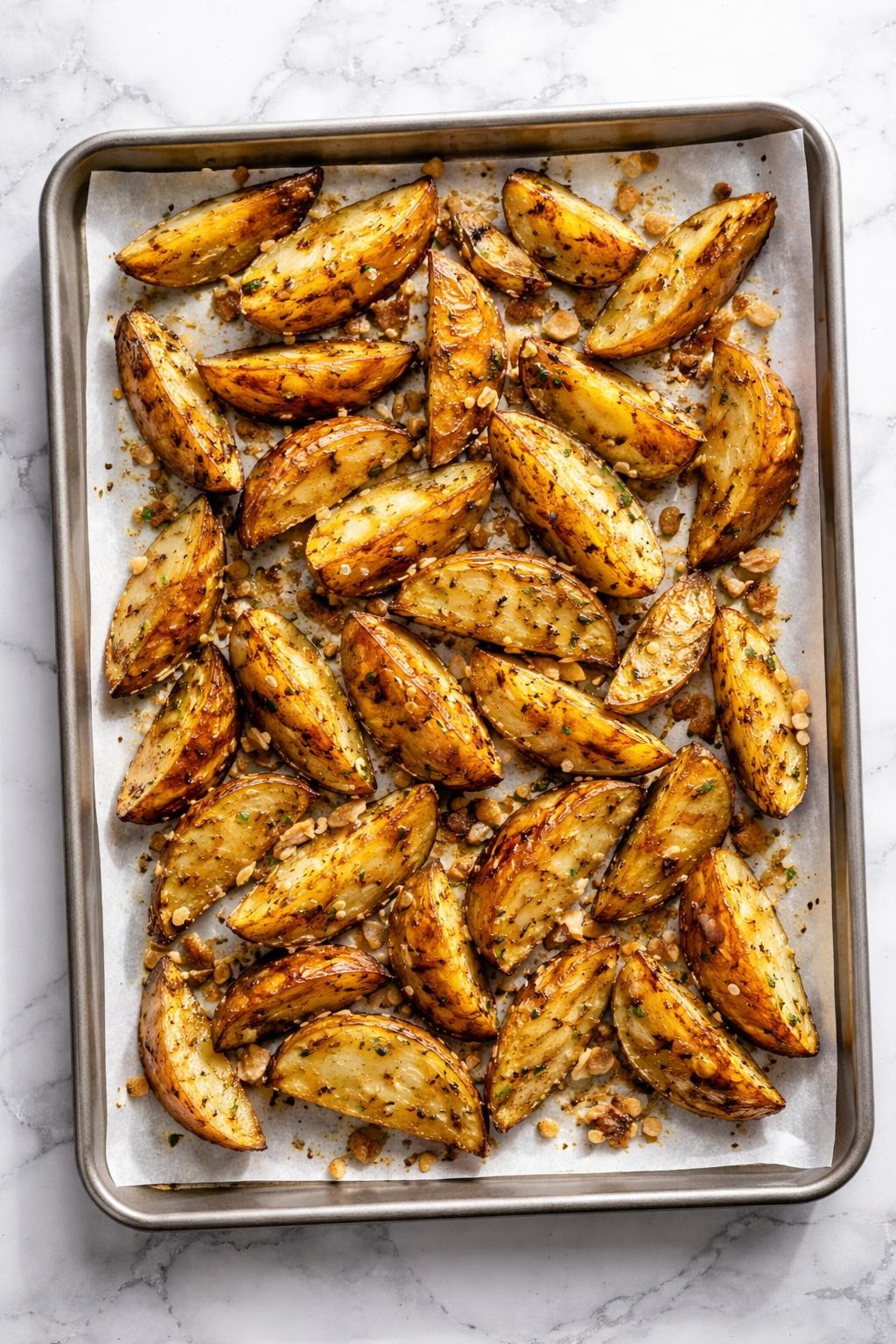 Image Prompt: Realistic top-down editorial food photography of onion soup mix roasted potatoes on a clean white and gray marble countertop, golden brown potato wedges with crisp edges, speckled with onion seasoning and herbs, served on a simple baking tray, cozy homemade side dish mood, bright natural window light, soft shadows, clean composition, high detail, realistic texture, no people, no hands, no text, no watermarks, no props with writing.