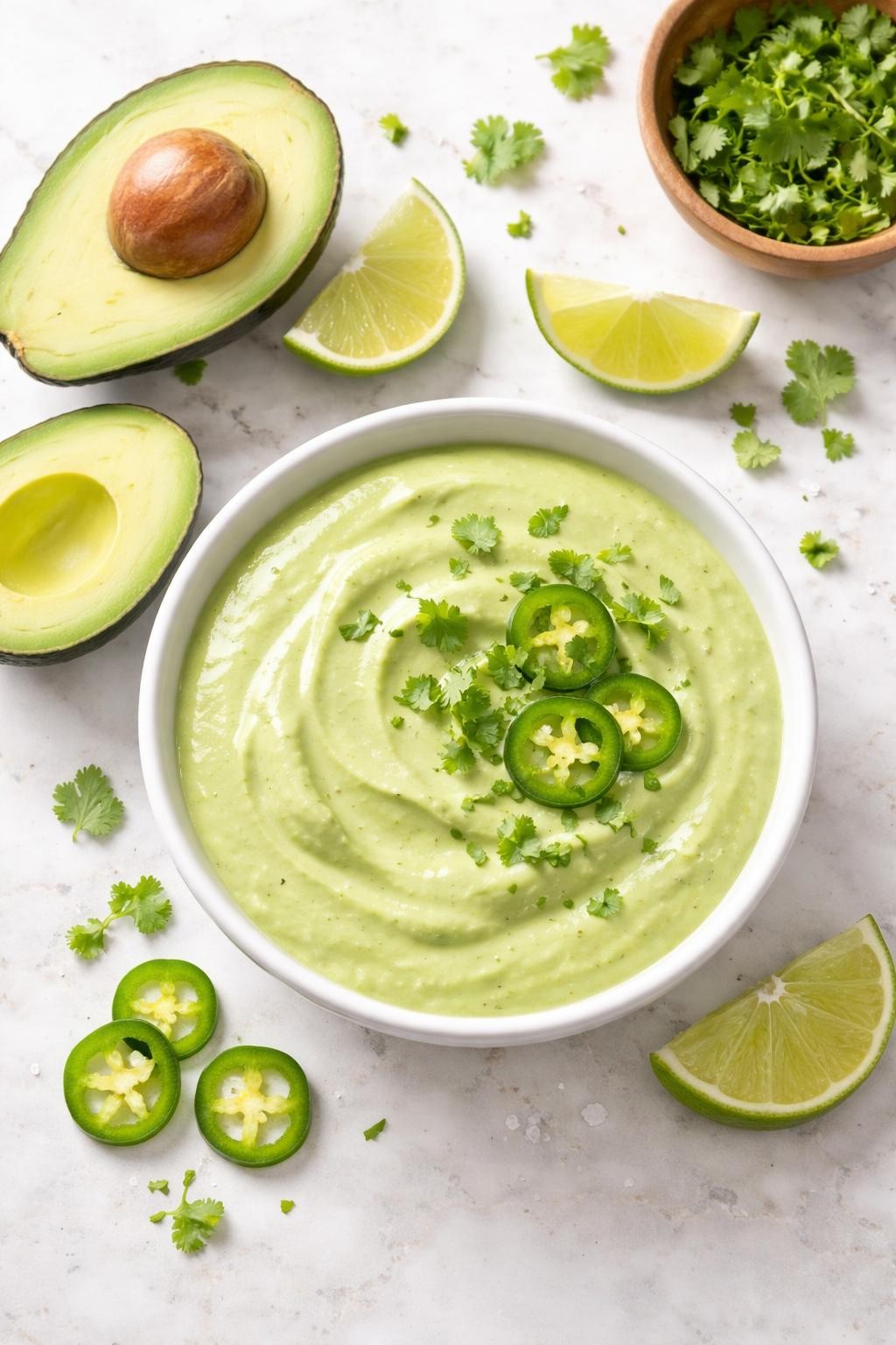 Image Prompt: Realistic top-down editorial food photography of a bowl of avocado jalapeno sauce on a light marble countertop, smooth pale green Mexican sauce made with ripe avocado, jalapeno, cilantro, lime, and sour cream, silky creamy texture, cut avocado halves and lime wedges nearby, bright natural light, fresh homemade mood, clean styling, no people, no hands, no text, no watermarks, no props with writing.