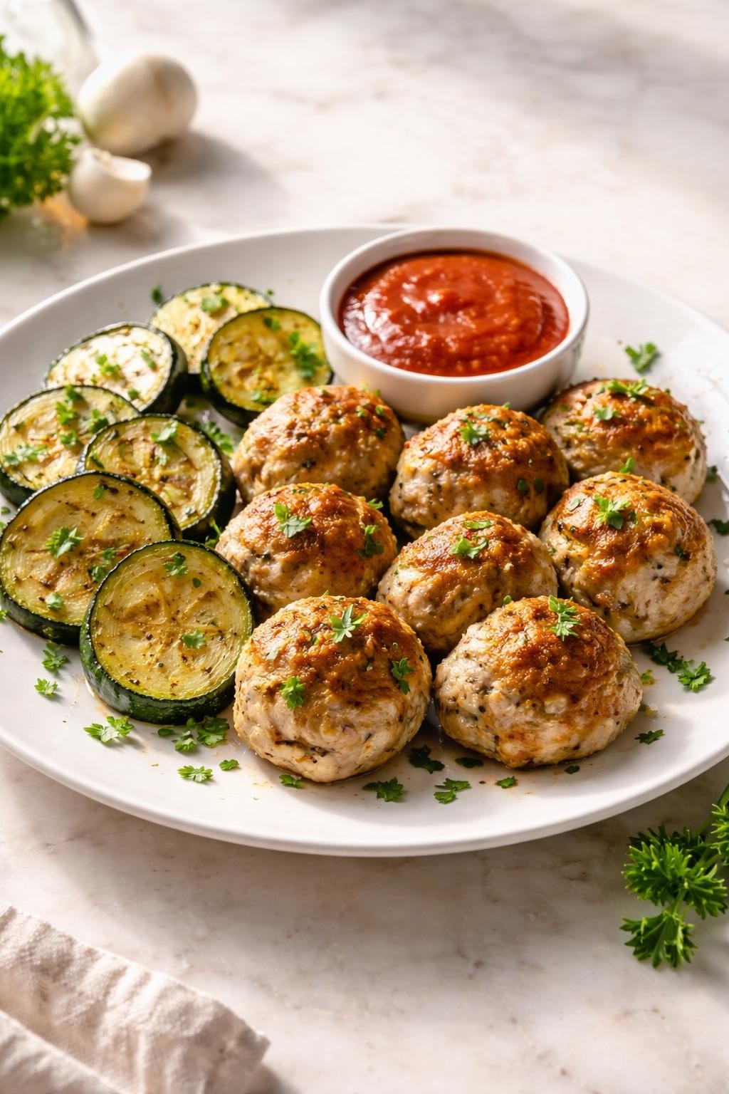 Realistic food photography of baked turkey meatballs with zucchini on a simple white plate on a pale marble countertop, golden brown turkey meatballs served with roasted zucchini slices, fresh parsley, garlic, and a small bowl of sugar-free tomato sauce, clean homemade dinner styling, natural window lighting, soft shadows, high detail, realistic meatball texture, no people, no hands, no text, no watermarks, no props with writing.