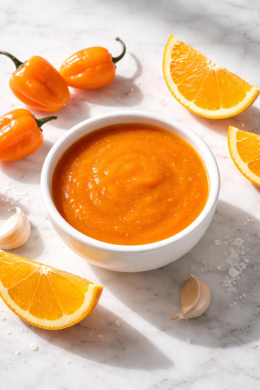 Image Prompt: Realistic top-down editorial food photography of a small bowl of habanero orange sauce on a white marble countertop, bright orange Mexican hot sauce with smooth pourable texture, made with habanero peppers, orange juice, garlic, and vinegar, fresh orange wedges nearby, bright natural light, bold fresh homemade mood, no people, no hands, no text, no watermarks, no props with writing.