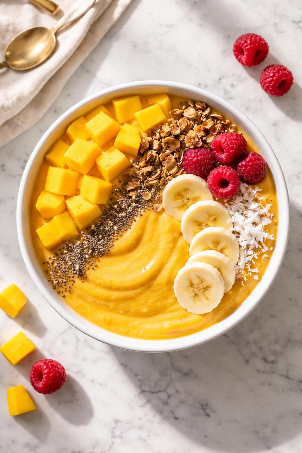 Prompt: A realistic top-down editorial food photography image of a thick mango smoothie bowl served in a white ceramic bowl, sitting on a countertop marble table. The smoothie is rich golden yellow with a smooth swirled surface, topped with fresh mango cubes, sliced banana, granola clusters, coconut flakes, chia seeds, and a few fresh raspberries for color. Soft natural morning light, clean composition, fresh tropical mood, no people, no hands, no text, no watermarks, no props with writing.