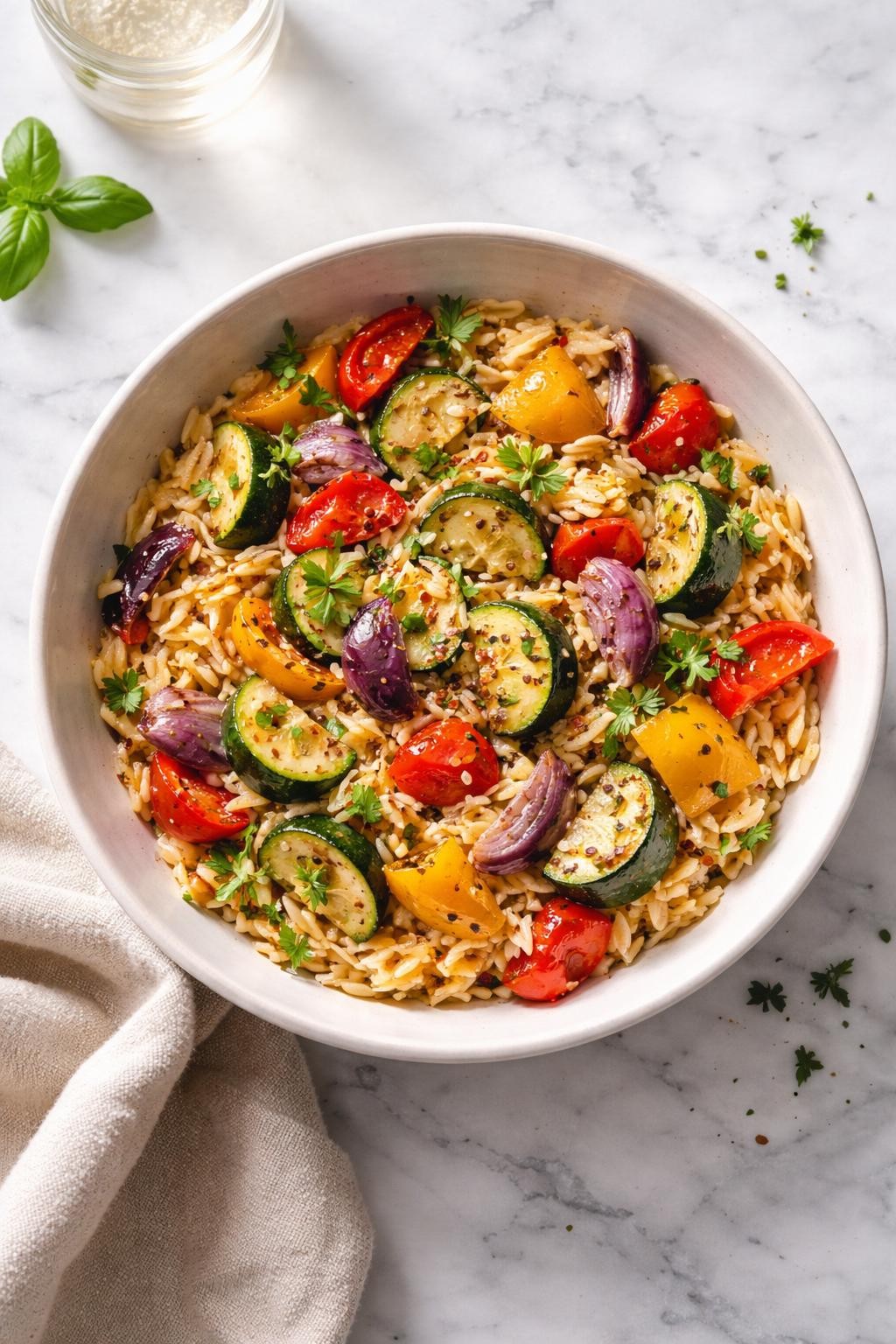 Image Prompt: Realistic top-down editorial food photography of a bowl of vegan orzo with roasted vegetables on a clean white and gray marble countertop, tender orzo pasta mixed with roasted zucchini, bell peppers, red onion, and herbs in a warm white bowl, cozy homemade dinner styling, bright natural window lighting, soft shadows, clean composition, high detail, realistic food texture, no people, no hands, no text, no watermarks, no props with writing.