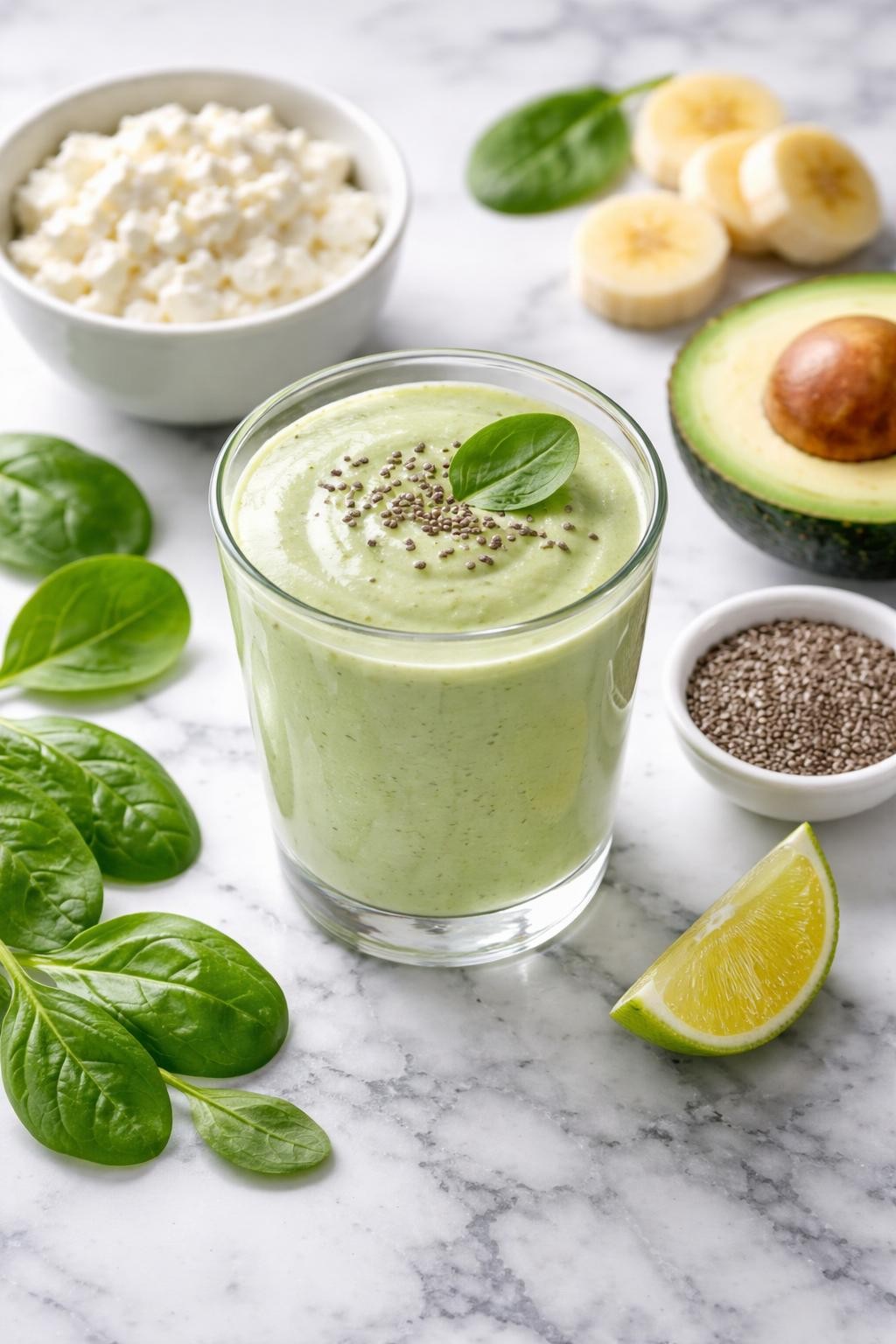 Realistic top-down editorial food photography of a green cottage cheese smoothie served in a clear glass on a clean white and gray marble countertop. The smoothie is pale green, thick, smooth, and creamy, styled with spinach leaves, cottage cheese in a plain bowl, banana slices, avocado, chia seeds, and a small lime wedge nearby. Bright natural daylight, clean healthy breakfast smoothie styling, realistic creamy texture, high detail, no people, no hands, no text, no watermarks, no props with writing.