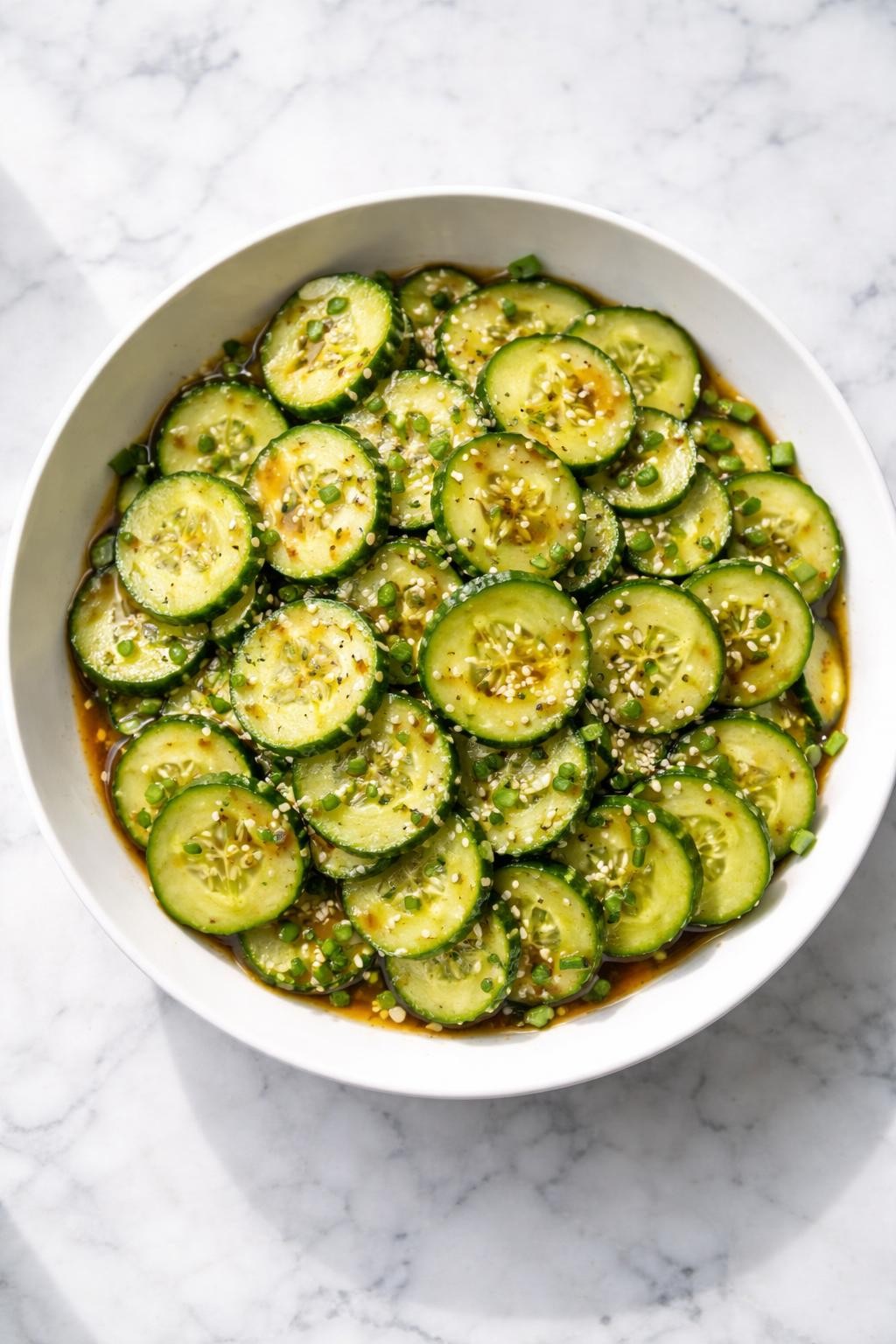 Image Prompt: Realistic top-down editorial food photography of sesame cucumber salad in a shallow white bowl on a clean marble countertop, thin cucumber slices tossed with soy sauce, sesame oil, rice vinegar, garlic, and sesame seeds, glossy dressing and fresh texture visible, bright natural daylight, no people, no hands, no text, no watermarks, no props with writing.