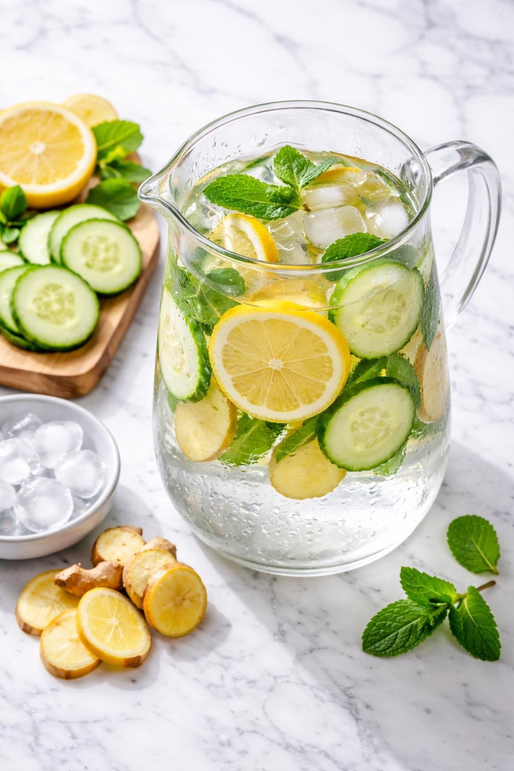 Realistic top-down editorial food photography of ginger cucumber gut detox water in a clear glass pitcher on a clean white and gray marble countertop, thin cucumber slices, fresh ginger slices, lemon rounds, mint leaves, and ice cubes floating in cold clear water, light condensation on the pitcher, extra cucumber and ginger pieces styled neatly nearby, bright natural window lighting, clean fresh homemade drink mood, high detail, no people, no hands, no text, no watermarks, no props with writing.