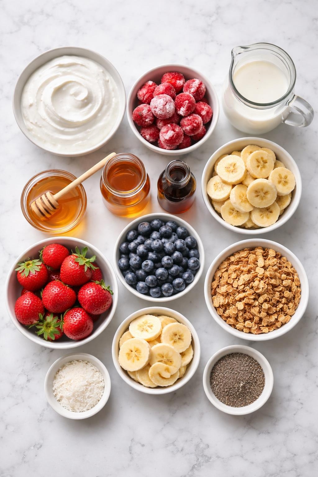 Prompt: A realistic top-down flat lay food photography image of yogurt smoothie bowl ingredients arranged neatly on a countertop marble table. Include thick Greek yogurt, frozen strawberries, frozen banana slices, almond milk, honey, vanilla extract, fresh strawberries, blueberries, fresh banana slices, granola, chia seeds, and shredded coconut. Clean bright natural light, simple organized layout, no people, no hands, no text, no watermarks, no props with writing.