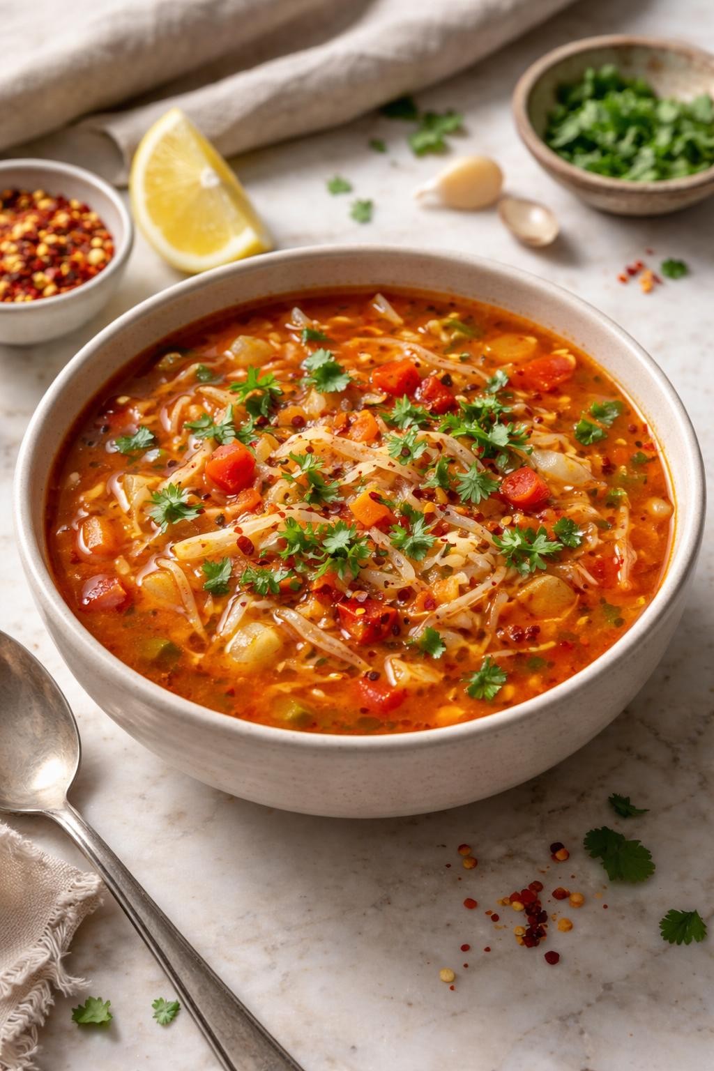 Realistic editorial food photography of spicy cabbage detox soup in a neutral bowl on a pale marble countertop, red pepper tomato broth filled with shredded cabbage, carrots, celery, bell peppers, onion, garlic, chili flakes, and fresh cilantro, a few red pepper flakes visible on top, warm spicy homemade soup styling, natural daylight, soft shadows, high detail, realistic broth and vegetable texture, no people, no hands, no text, no watermarks, no props with writing.