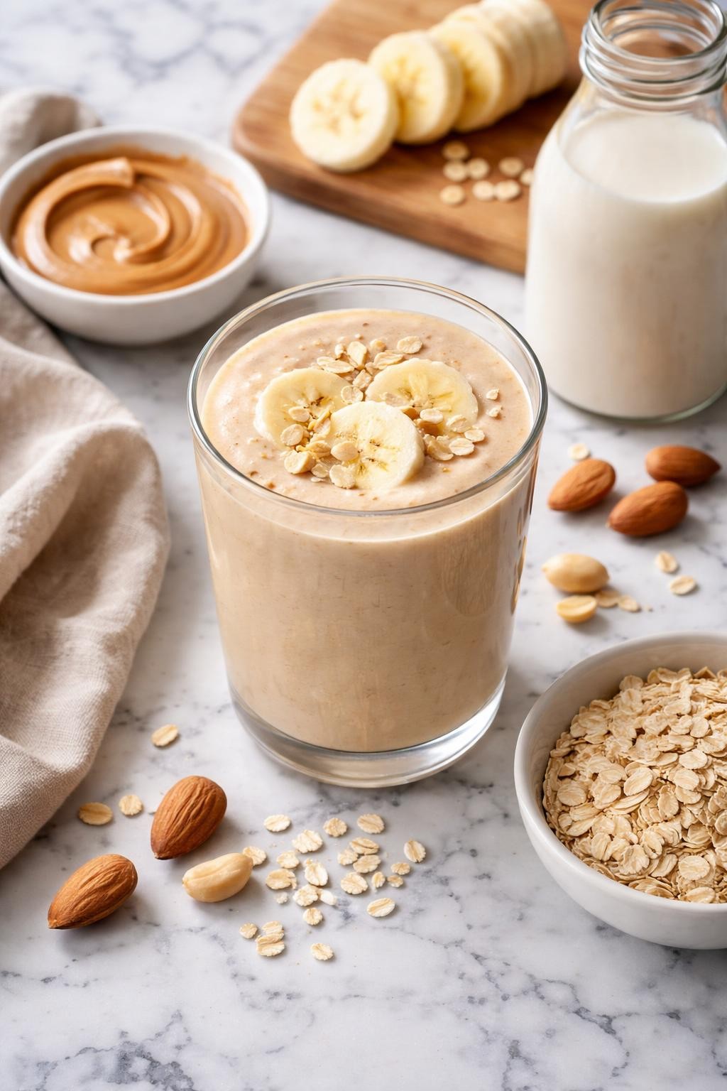 Realistic top-down editorial food photography of a peanut butter almond milk smoothie served in a clear glass on a white and gray marble countertop. The smoothie is pale tan, thick, creamy, and smooth, styled with peanut butter in a plain dish, banana slices, almond milk, rolled oats, and a few peanuts nearby. Natural window lighting, cozy breakfast smoothie styling, high detail, realistic creamy texture, no people, no hands, no text, no watermarks, no props with writing.