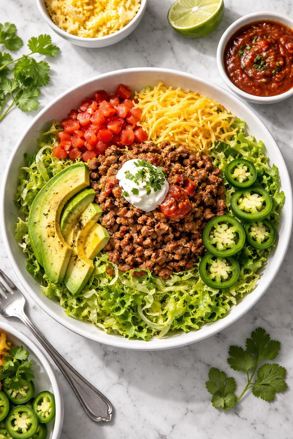 Image Prompt: Realistic top-down editorial food photography of a keto taco salad on a white marble countertop, filled with seasoned ground beef, shredded lettuce, cheddar cheese, avocado, sour cream, diced tomatoes, jalapeño slices, and salsa, bold hearty homemade dinner mood, bright natural daylight, soft shadows, clean editorial composition, high detail, realistic texture, no people, no hands, no text, no watermarks, no props with writing.