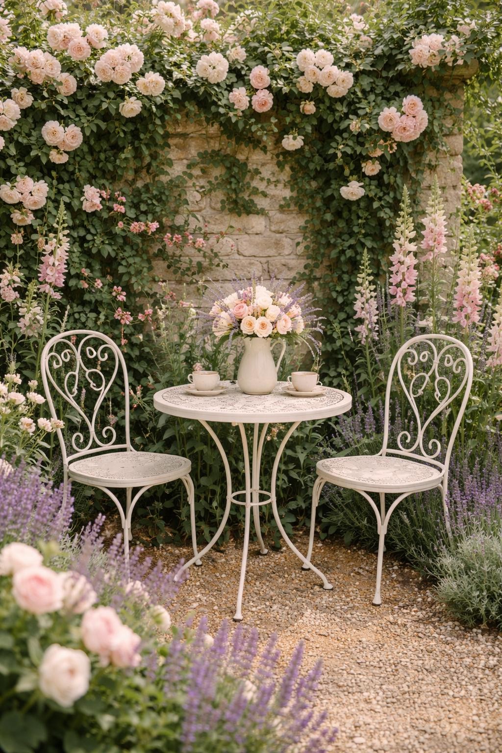 Image Prompt: A romantic garden corner with a small metal bistro table and two chairs, surrounded by blooming roses, lavender, foxgloves, climbing flowers, gravel ground, soft pastel tones, English garden style, charming and intimate seating nook, realistic DSLR photo quality, no people, no watermarks on images.