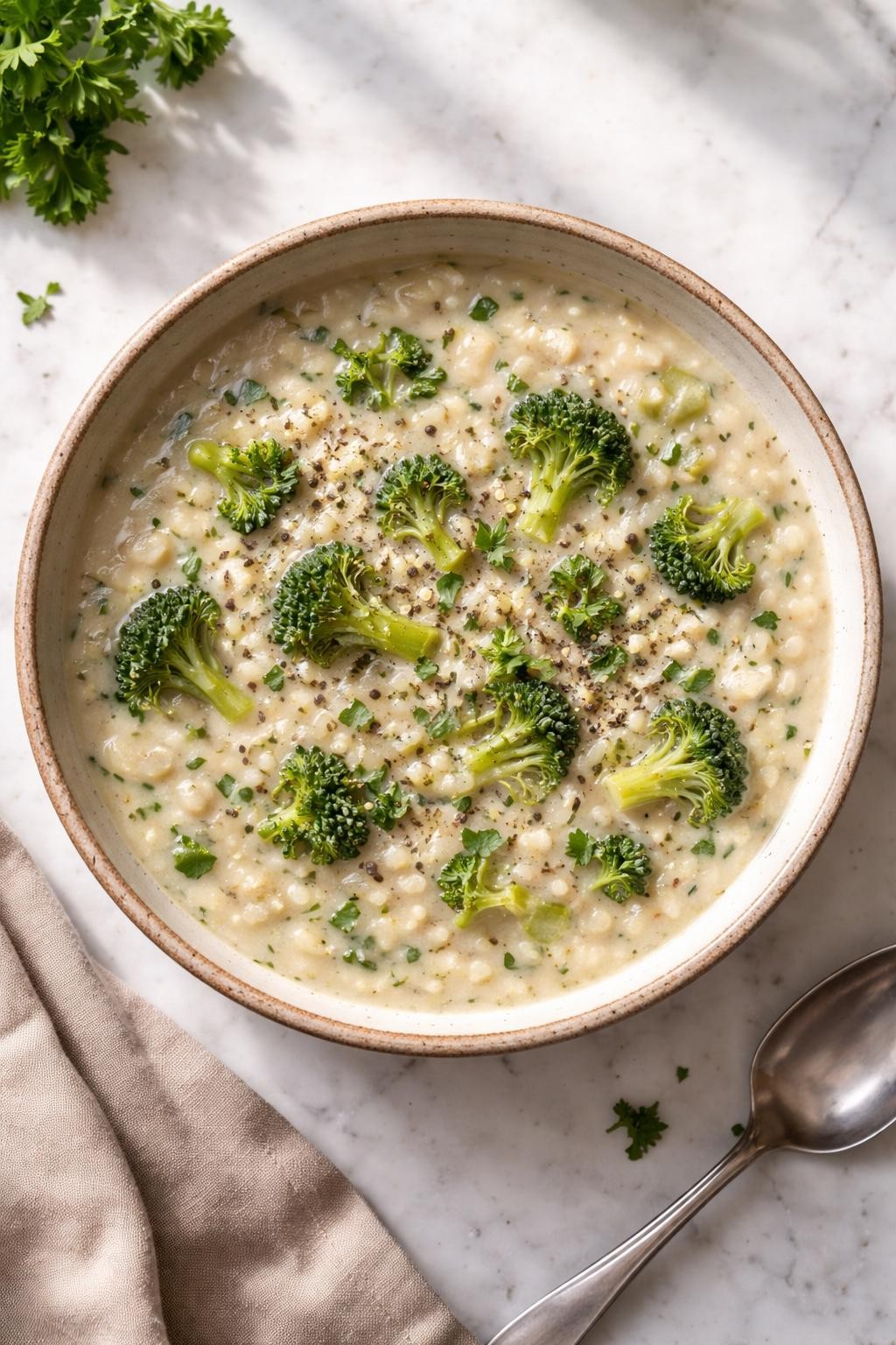 Image Prompt: Realistic top-down editorial food photography of broccoli rice soup in a rustic bowl on a clean marble countertop, thick creamy soup with broccoli pieces and tender rice, topped with black pepper and parsley, cozy homemade dinner mood, bright natural window lighting, soft shadows, no people, no hands, no text, no watermarks, no props with writing.