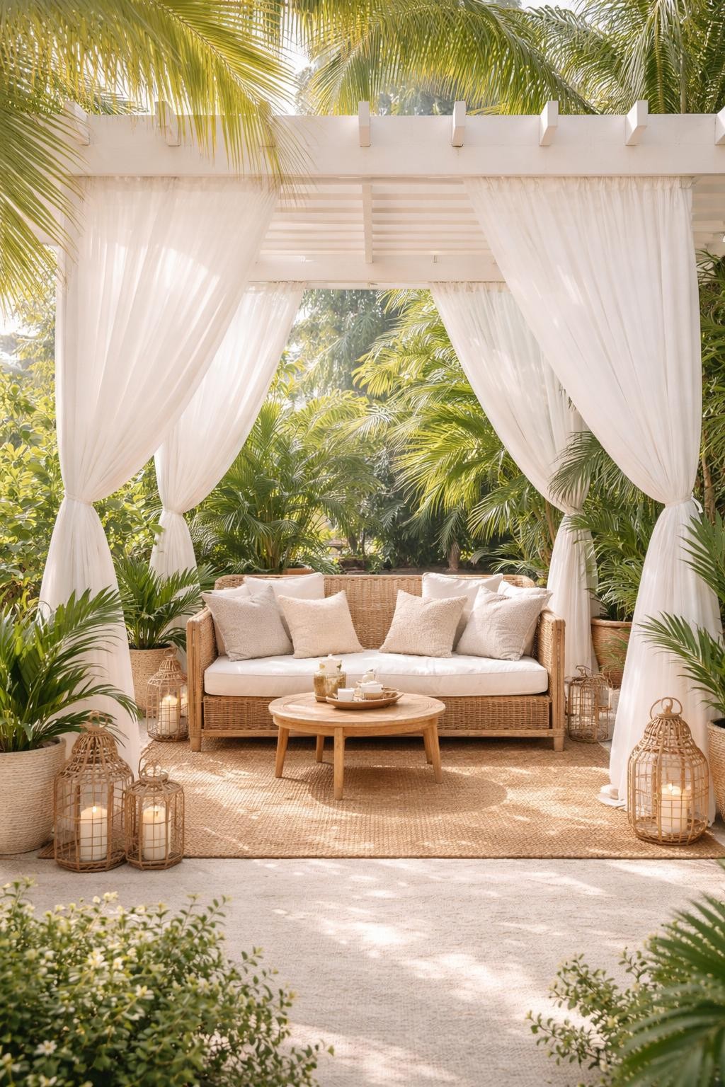 Image Prompt: A dreamy tropical patio with soft white outdoor curtains tied back around a covered seating area, rattan loveseat, cream cushions, potted palms, woven rug, lanterns, bright filtered sunlight, airy resort-style backyard retreat, no people, realistic DSLR photo, no text, no watermarks on images.