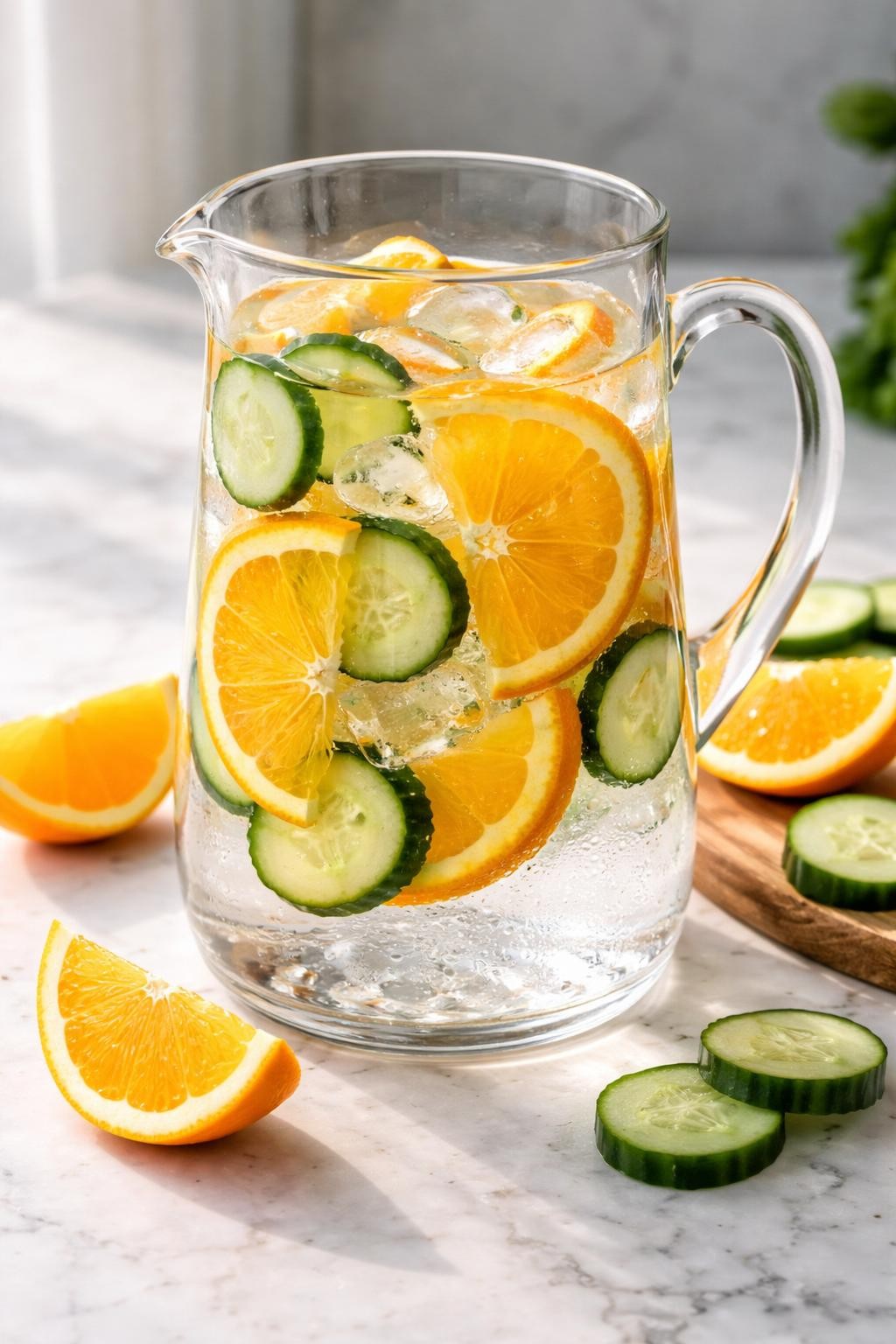 Realistic editorial food photography of orange cucumber detox water in a clear glass pitcher on a pale marble countertop, orange slices and cucumber rounds floating in cold clear water with ice cubes, a few orange wedges and cucumber slices placed nearby, fresh bright homemade drink mood, natural daylight, soft shadows, high detail, no people, no hands, no text, no watermarks, no props with writing.