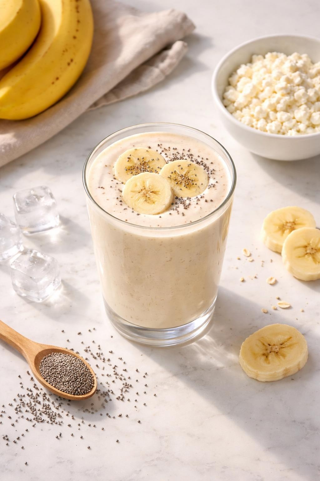 Realistic top-down editorial food photography of a banana cottage cheese smoothie in a clear glass on a light marble countertop. The smoothie is pale cream, thick, smooth, and glossy, styled with banana rounds, cottage cheese in a plain bowl, chia seeds, and a few ice cubes nearby. Bright natural daylight, clean morning smoothie styling, soft shadows, realistic creamy texture, high detail, no people, no hands, no text, no watermarks, no props with writing.