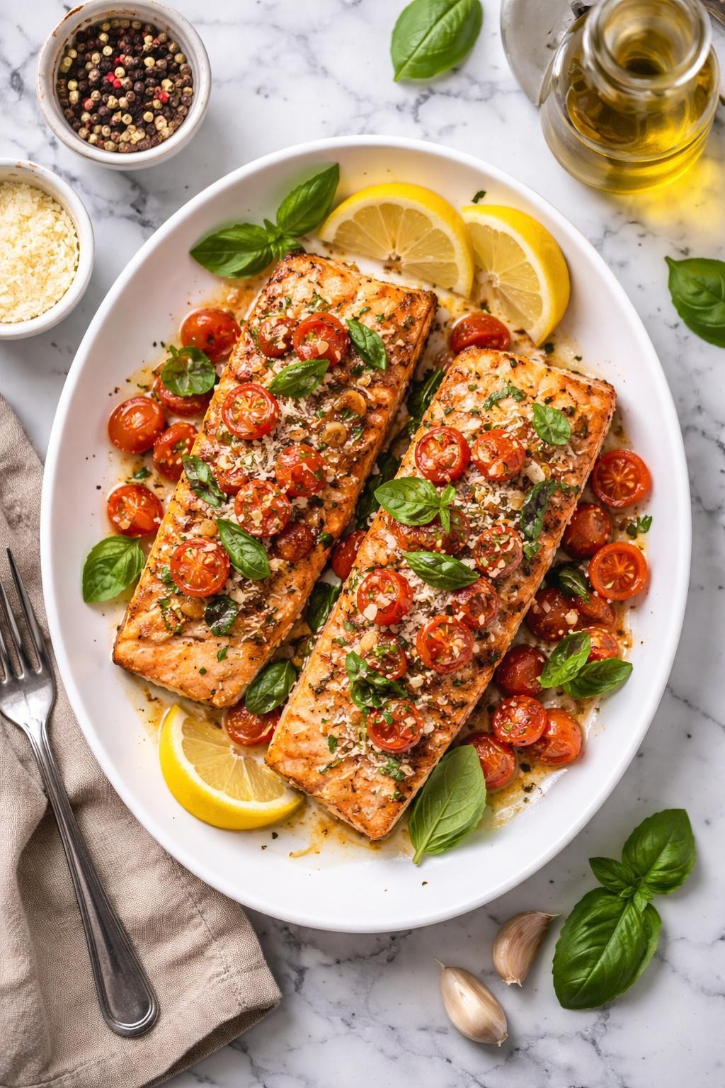 An overheard picture view of a plate of Baked Italian Salmon sitting on a marble countertop table in the kitchen, professional food photography style.