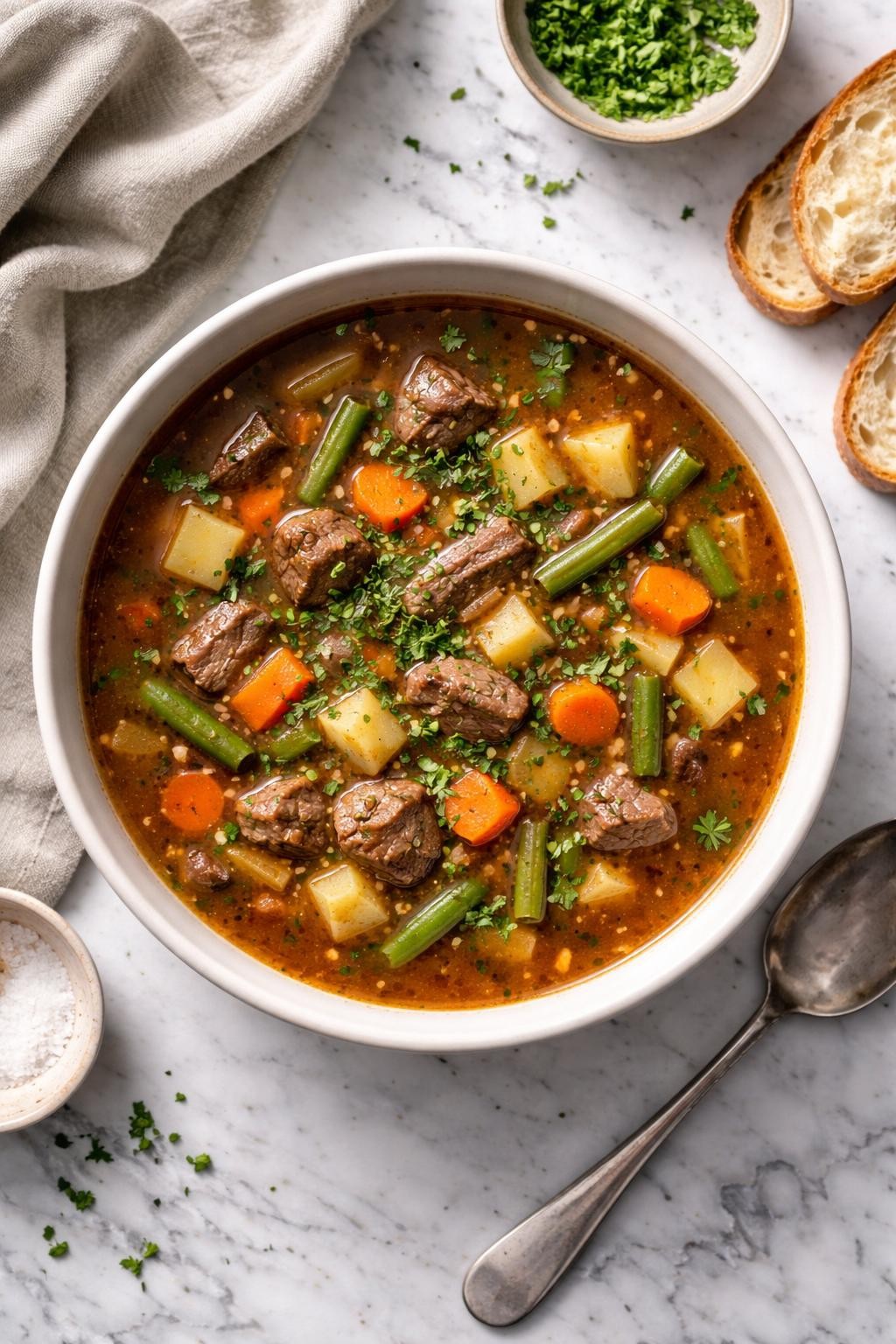 Image Prompt: Realistic top-down editorial food photography of a bowl of beef bone broth vegetable soup on a clean white and gray marble countertop, filled with diced carrots, celery, green beans, potatoes, and a rich deep brown broth, topped with chopped parsley, cozy homemade dinner mood, bright natural window light, soft shadows, clean composition, high detail, realistic food texture, no people, no hands, no text, no watermarks, no props with writing.