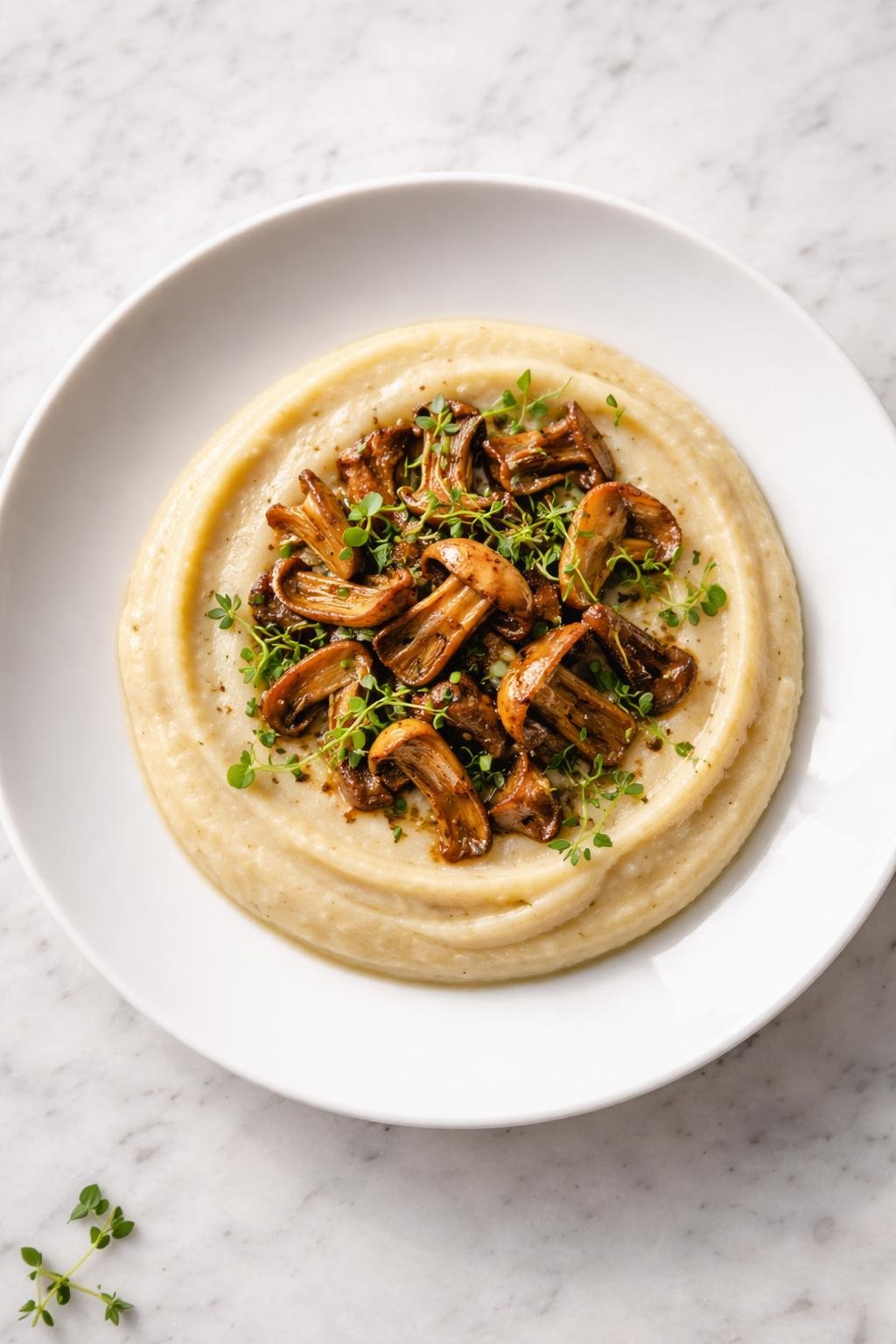 Image Prompt: Top-down realistic editorial food photography of elegant vegan celery root puree plated on white porcelain over a clean marble countertop, smooth pale puree topped with roasted mushrooms and herbs, refined fine dining presentation, soft natural daylight, upscale plant-based side or main mood, no people, no hands, no text, no watermarks, no props with writing.