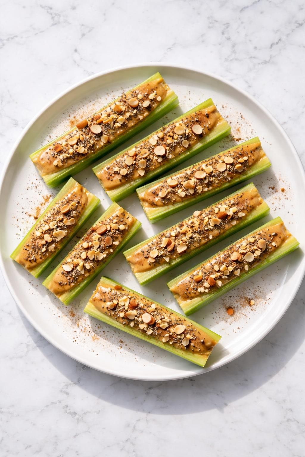 Realistic top-down editorial food photography of almond butter celery snacks on a white marble countertop, crisp celery sticks filled with smooth unsweetened almond butter and topped with chia seeds, chopped almonds, and a light dusting of cinnamon, arranged neatly on a simple white plate, clean healthy snack styling, bright natural daylight, high detail, no people, no hands, no text, no watermarks, no props with writing.