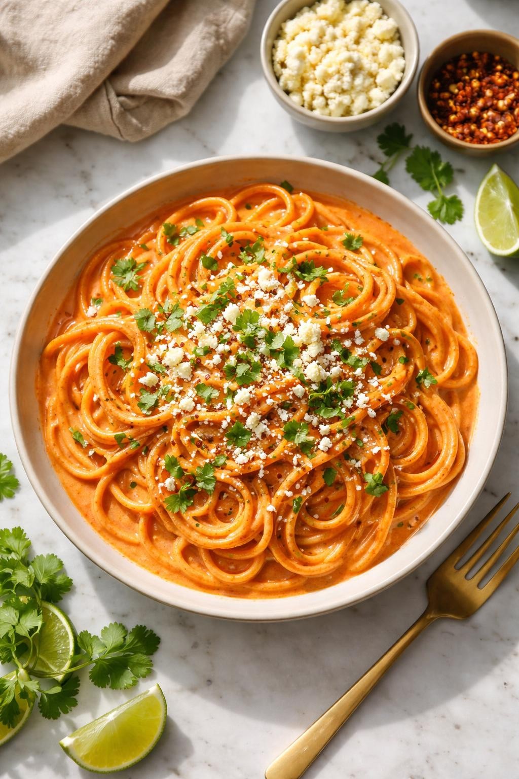 Image Prompt: Realistic top-down editorial food photography of creamy salsa roja spaghetti in a shallow bowl on a white marble countertop, spaghetti coated in a smooth red creamy sauce with chopped cilantro and crumbled cheese, bright natural window lighting, soft shadows, warm homemade dinner styling, high detail, realistic food texture, no people, no hands, no text, no watermarks, no props with writing.