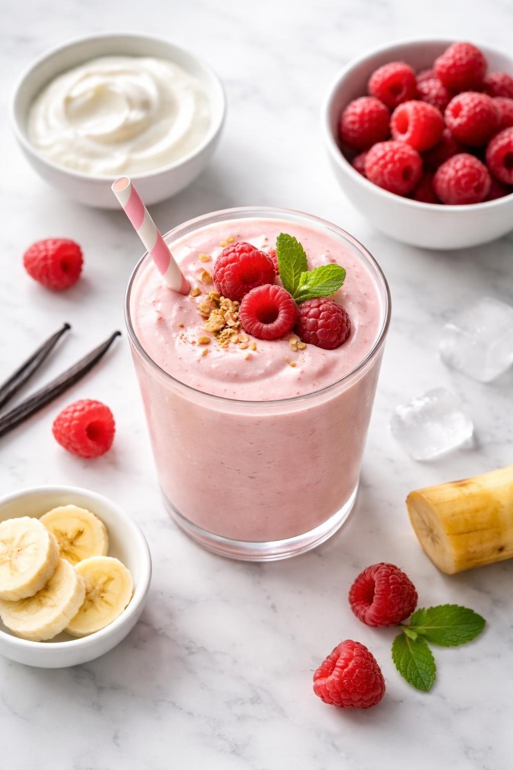 Realistic top-down editorial food photography of a raspberry vanilla smoothie served in a clear glass on a clean white marble countertop. The smoothie is soft pink, creamy, thick, and smooth, styled with raspberries, vanilla, Greek yogurt in a plain bowl, banana slices, and a few ice cubes nearby. Bright natural window lighting, clean homemade smoothie styling, high detail, realistic creamy texture, no people, no hands, no text, no watermarks, no props with writing.