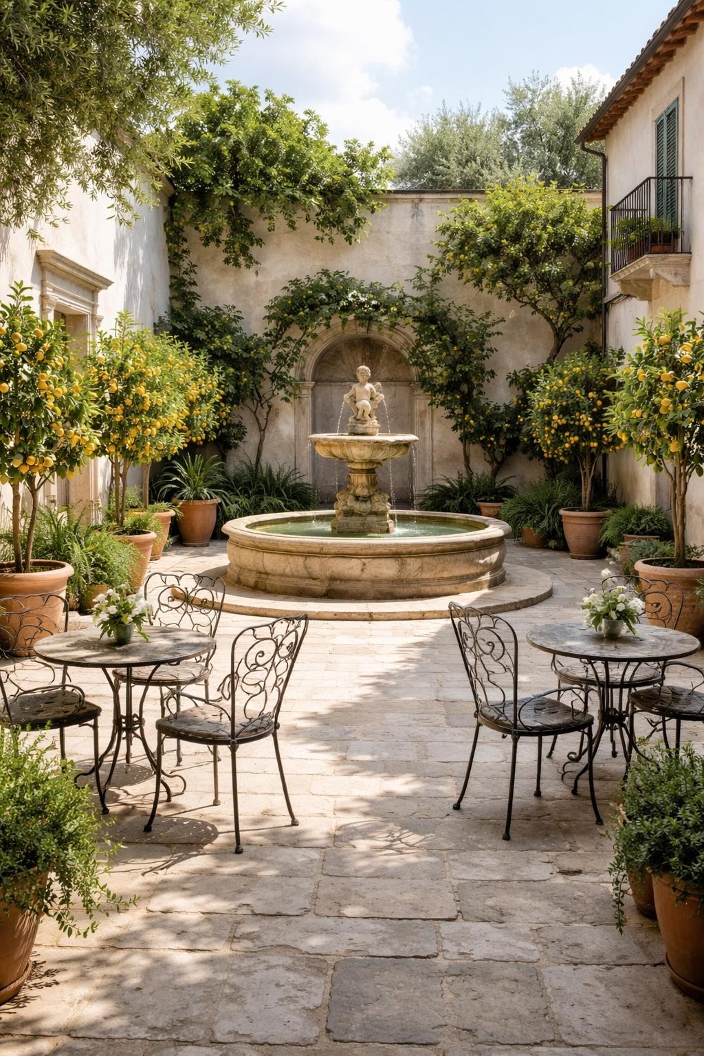 Image Prompt: A beautiful Italian courtyard patio centered around a classic stone fountain, pale stone pavers, white stucco walls, potted lemon trees, wrought iron chairs, soft greenery, elegant old-world outdoor setting, bright natural daylight, no people, realistic DSLR image, no text, no watermarks on images.