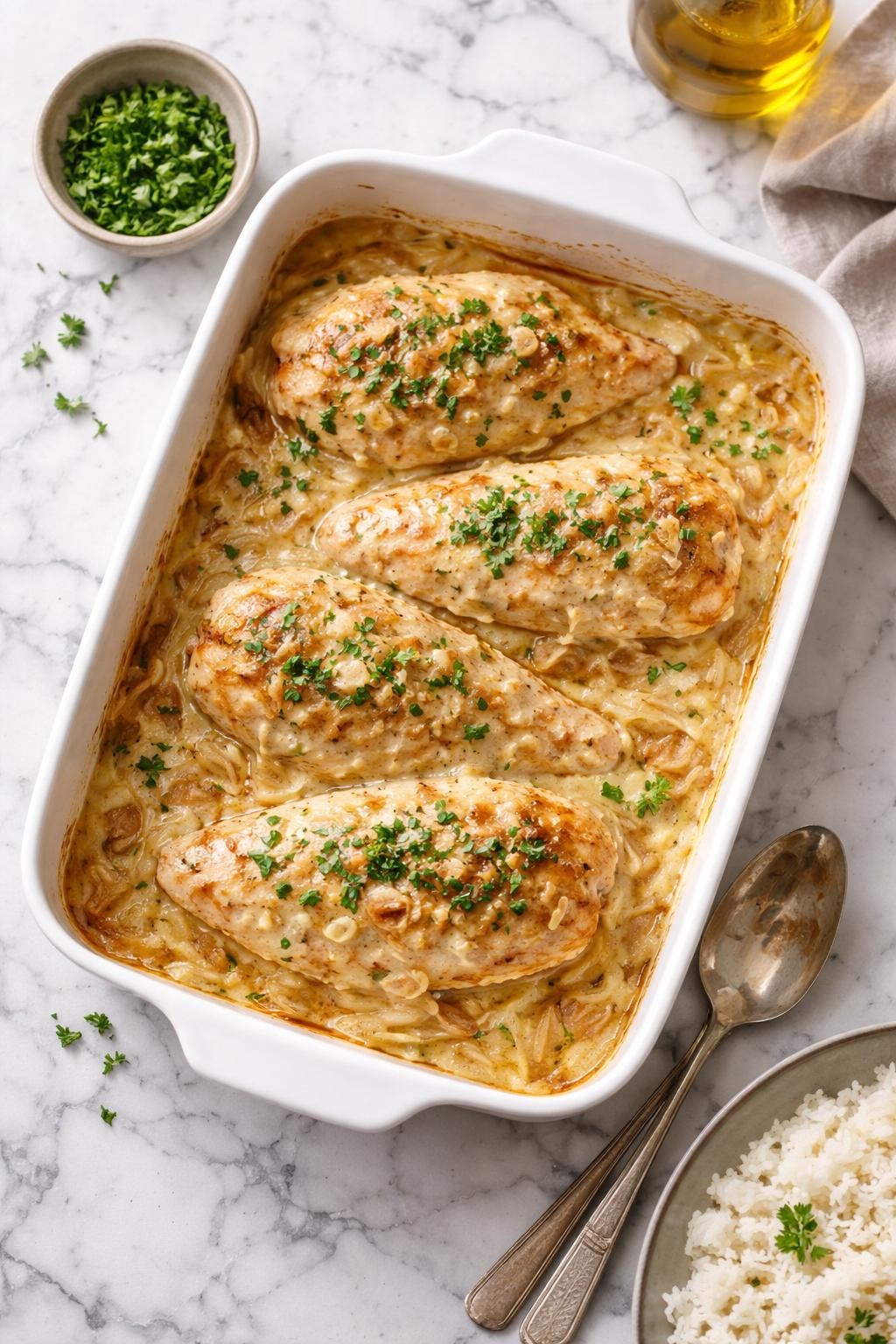 Image Prompt: Realistic top-down editorial food photography of baked sour cream onion chicken on a clean white and gray marble countertop, tender chicken breasts covered in a creamy onion sauce with parsley on top, warm homemade dinner mood, bright natural window light, soft shadows, clean editorial styling, high detail, realistic food texture, no people, no hands, no text, no watermarks, no props with writing.