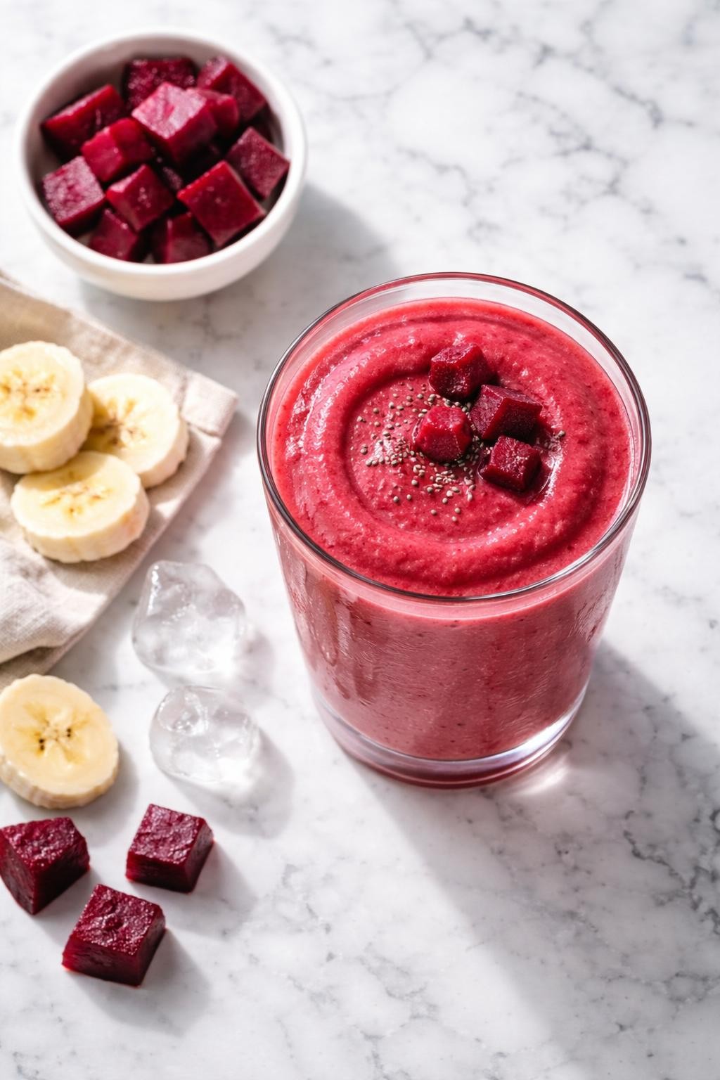 Realistic top-down editorial food photography of a creamy beet banana smoothie served in a clear glass on a clean white and gray marble countertop. The smoothie is deep pink-red, thick, smooth, and fresh-looking, with cooked beet cubes, banana slices, and a few ice cubes styled neatly nearby. Bright natural window lighting, soft shadows, clean healthy breakfast smoothie styling, high detail, realistic creamy texture, no people, no hands, no text, no watermarks, no props with writing.