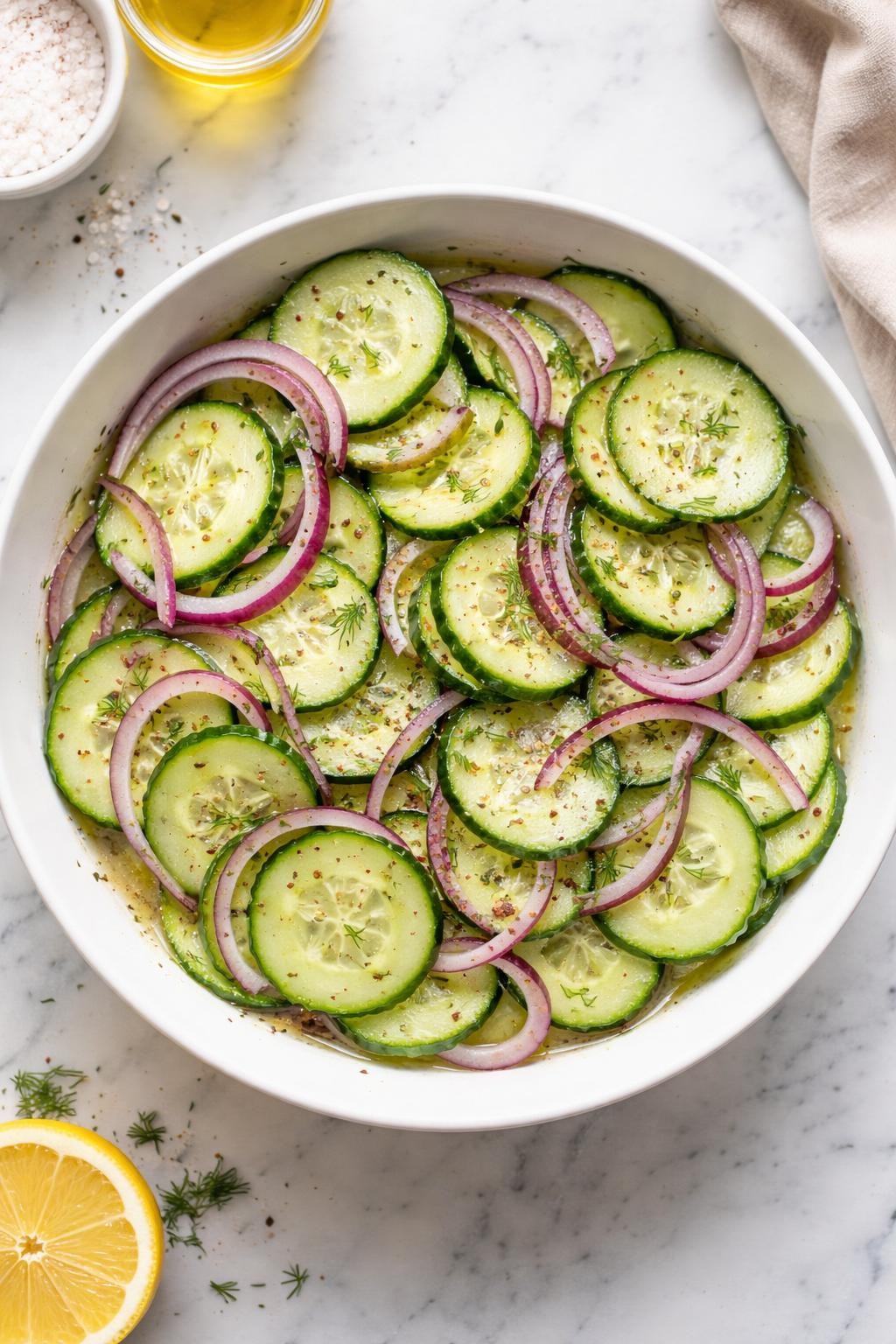 Image Prompt: Realistic top-down editorial food photography of tangy vinegar cucumber salad in a white serving bowl on a clean marble countertop, thin cucumber slices and red onion tossed in a clear tangy vinegar dressing with herbs and black pepper, crisp fresh texture visible, bright natural daylight, no people, no hands, no text, no watermarks, no props with writing.
