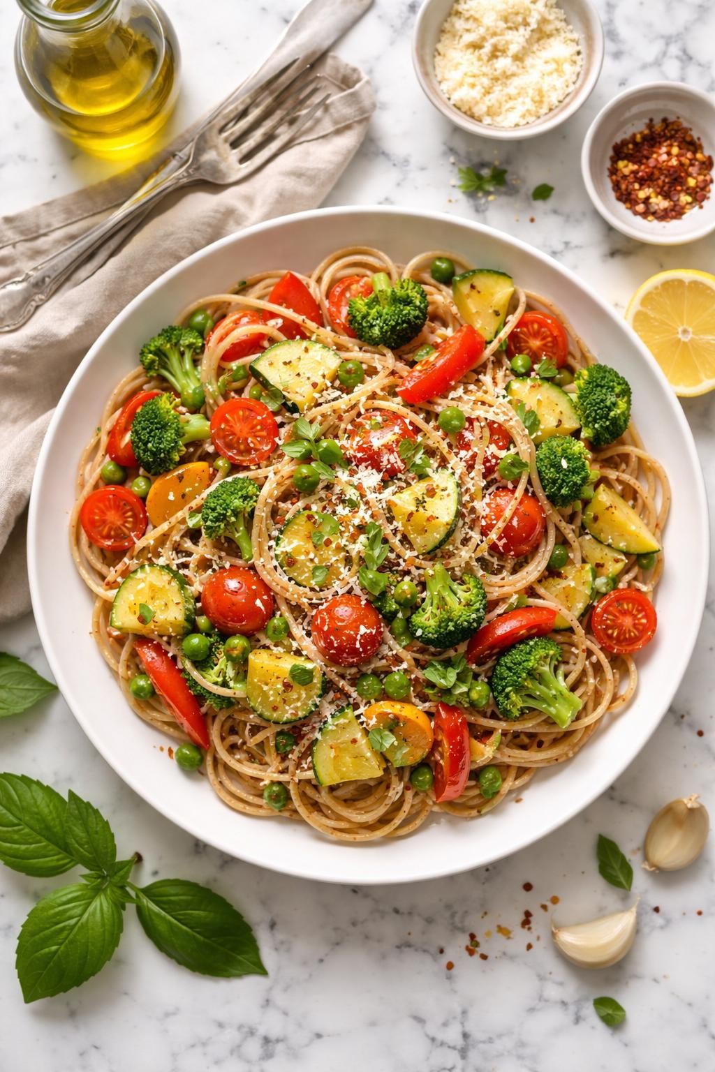 An overheard picture view of a plate of Whole Wheat Pasta Primavera sitting on a marble countertop table in the kitchen, professional food photography style.