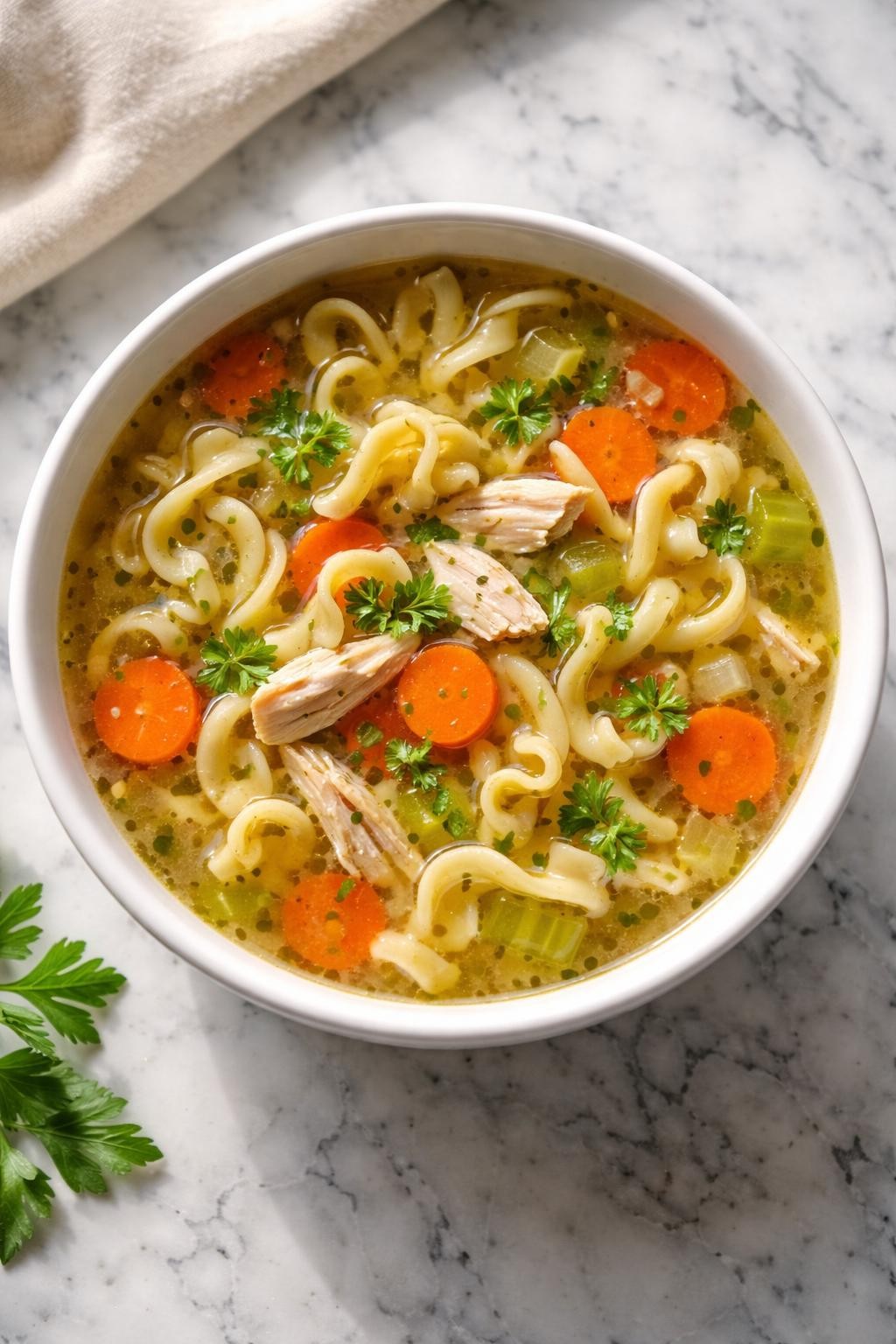 Image Prompt: Realistic top-down editorial food photography of homemade chicken breast noodle soup in a simple bowl on a clean white and gray marble countertop, clear golden broth filled with shredded chicken breast, curly egg noodles, sliced carrots, celery, onion, and chopped parsley, cozy homemade soup mood, bright natural window lighting, soft shadows, high detail, realistic food texture, no people, no hands, no text, no watermarks, no props with writing.