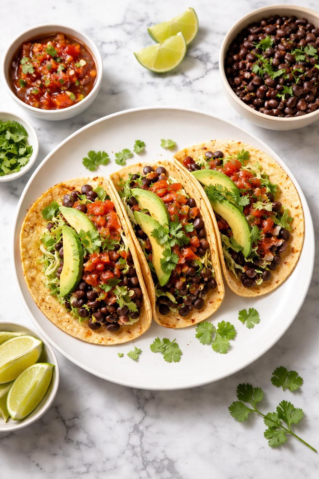 Image Prompt: Realistic top-down editorial food photography of vegan black bean tacos on a white plate over a clean white and gray marble countertop, warm corn tortillas filled with seasoned black beans, avocado slices, shredded lettuce, salsa, and cilantro, fresh homemade Mexican dinner styling, bright natural window lighting, soft shadows, clean composition, high detail, realistic food texture, no people, no hands, no text, no watermarks, no props with writing.