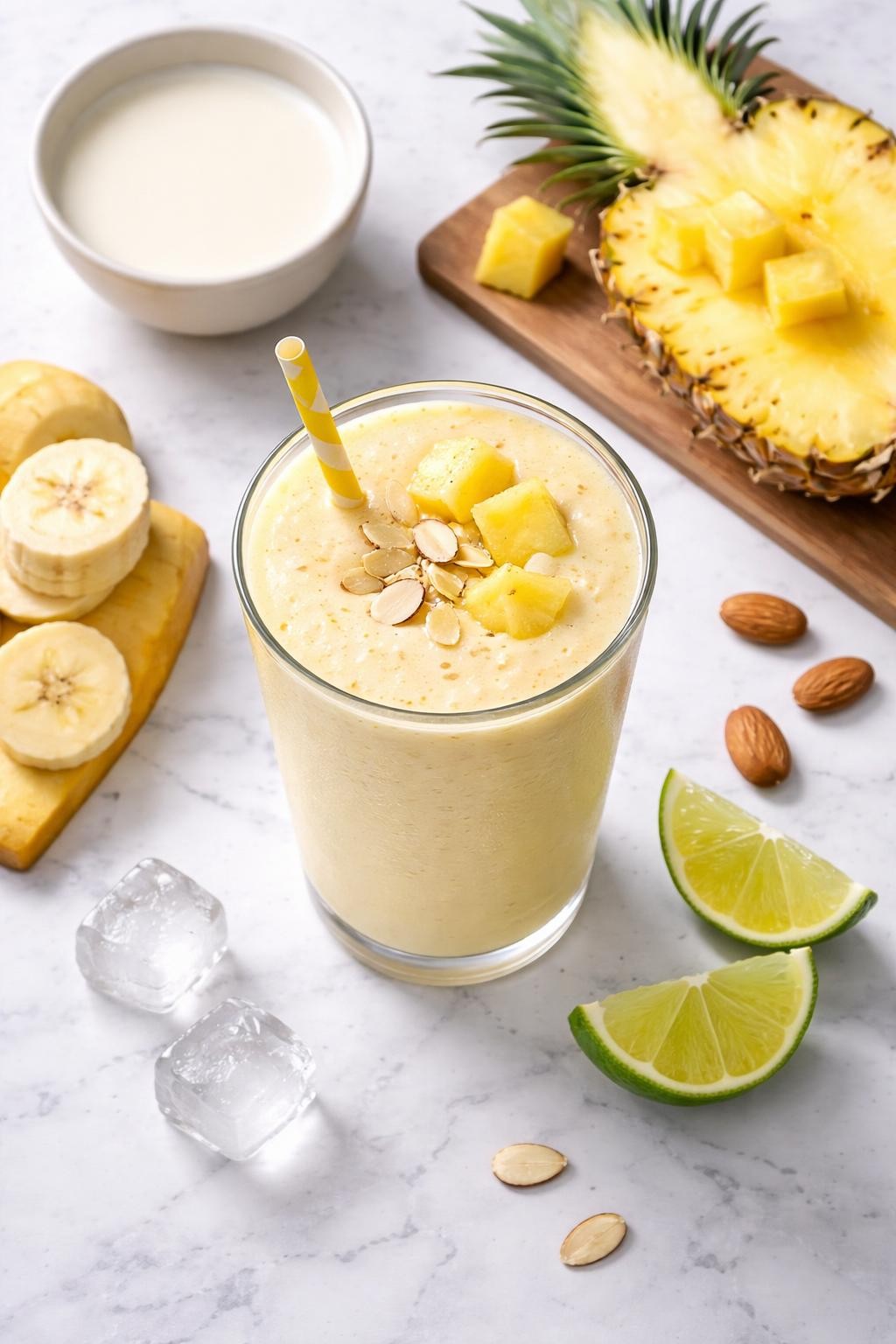 Realistic top-down editorial food photography of a pineapple almond milk smoothie in a clear glass on a clean white and gray marble countertop. The smoothie is pale yellow, smooth, cold, and creamy, styled with pineapple chunks, almond milk in a plain bowl, banana slices, lime wedges, and a few ice cubes nearby. Bright natural daylight, clean tropical smoothie styling, high detail, realistic drink texture, no people, no hands, no text, no watermarks, no props with writing.