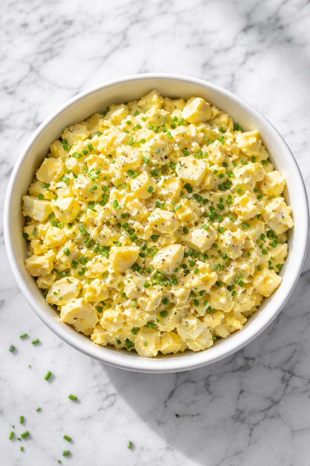 Image Prompt: Realistic top-down editorial food photography of egg salad with fresh chives in a white serving bowl on a clean white and gray marble countertop, creamy chopped egg salad with green chive flecks, mayonnaise, mustard, and black pepper, bright natural window lighting, soft shadows, clean composition, high detail, realistic food texture, no people, no hands, no text, no watermarks, no props with writing.