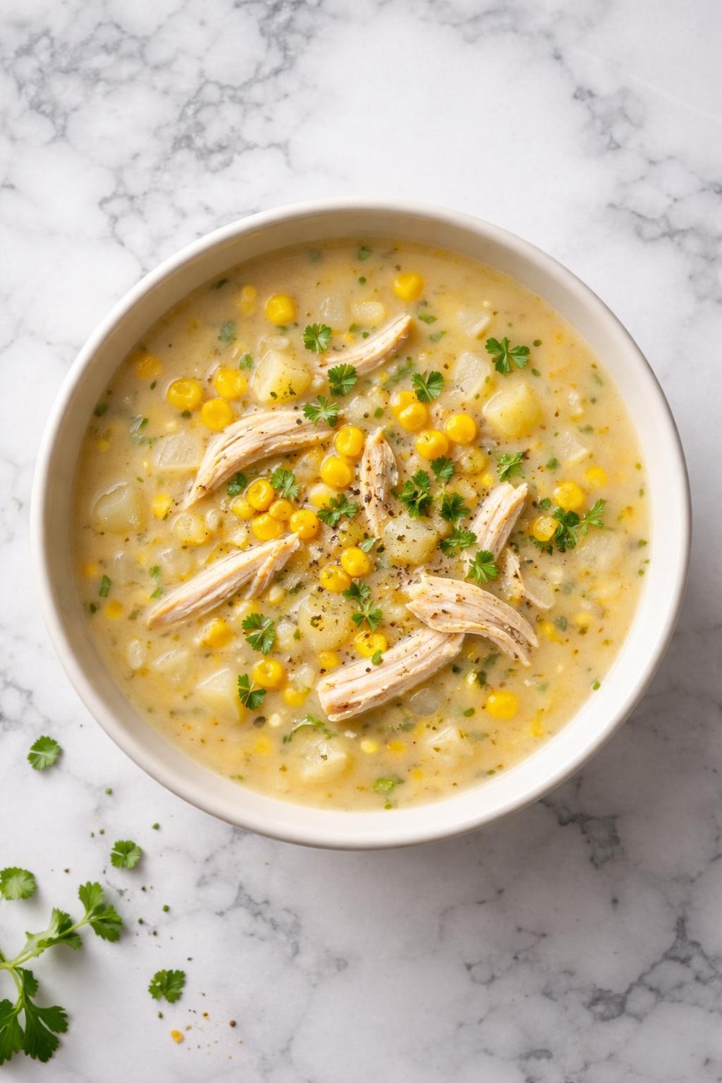 Image Prompt: Realistic top-down editorial food photography of chicken breast and corn soup in a simple bowl on a white and gray marble countertop, light creamy broth with shredded chicken breast, sweet corn, diced potatoes, onion, and fresh herbs, cozy homemade soup mood, bright natural light, no people, no hands, no text, no watermarks, no props with writing.