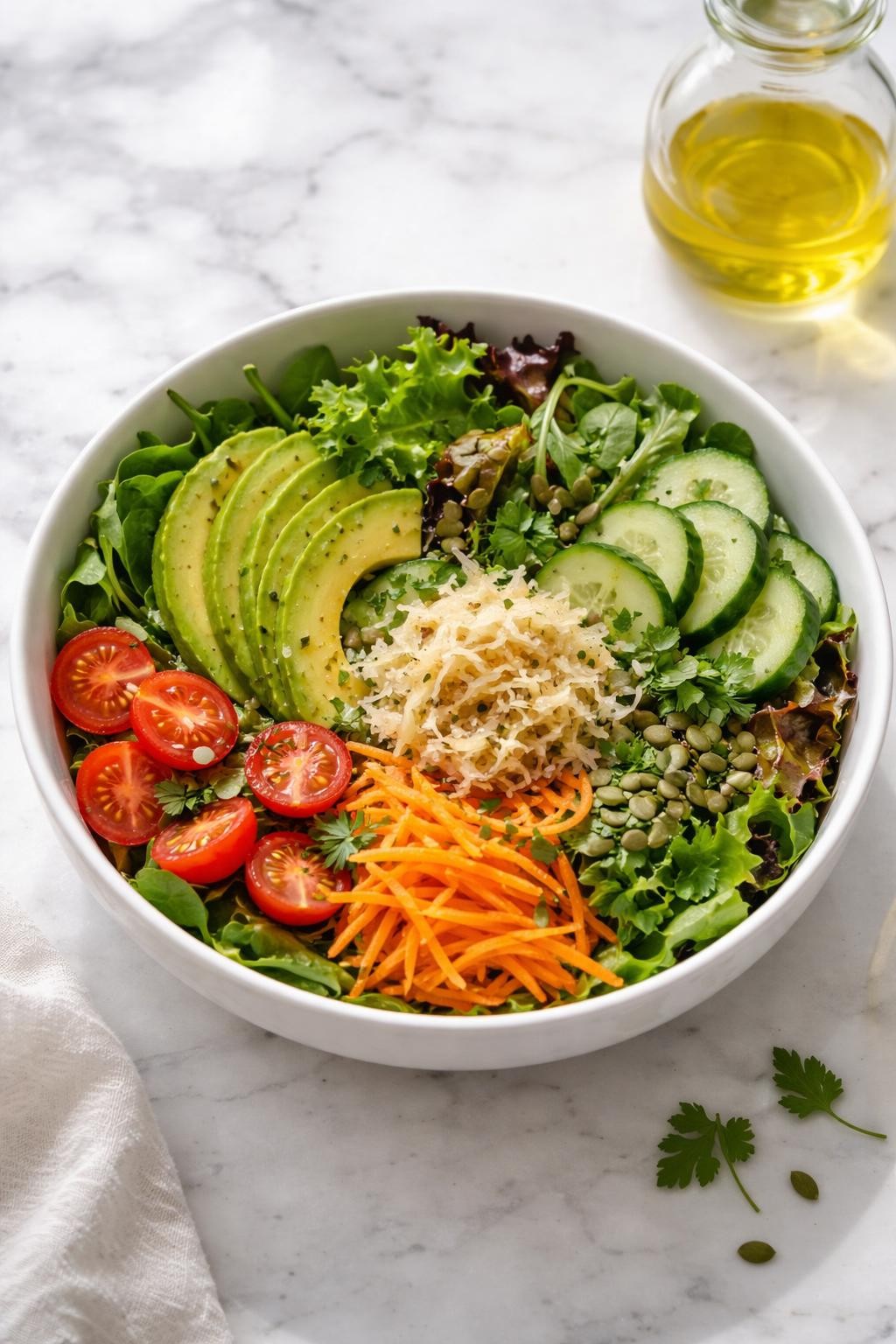 Realistic editorial food photography of a sauerkraut avocado salad bowl on a clean marble countertop, crisp mixed greens, sliced avocado, cucumber, cherry tomatoes, shredded carrots, a small mound of sauerkraut, pumpkin seeds, and fresh parsley arranged in a simple white bowl, light lemon olive oil dressing, bright clean lunch styling, natural daylight, soft shadows, high detail, no people, no hands, no text, no watermarks, no props with writing.