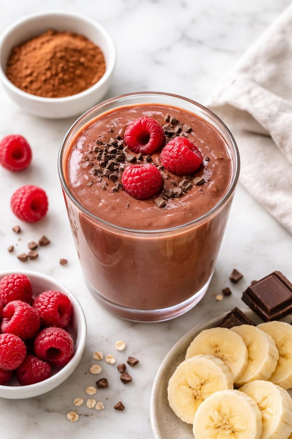 Realistic top-down editorial food photography of a raspberry chocolate smoothie in a clear glass on a light marble countertop. The smoothie is deep chocolate pink-brown, thick, creamy, and glossy, styled with raspberries, cocoa powder in a plain small bowl, banana slices, and a few dark chocolate pieces nearby. Soft natural daylight, clean dessert smoothie styling, realistic thick texture, high detail, no people, no hands, no text, no watermarks.