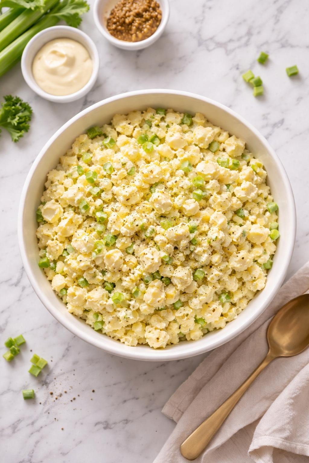 Image Prompt: Realistic top-down editorial food photography of egg salad with celery in a white serving bowl on a clean marble countertop, creamy chopped egg salad with small celery pieces, mayonnaise, mustard, and black pepper, fresh simple lunch styling, bright natural window lighting, soft shadows, clean composition, high detail, realistic food texture, no people, no hands, no text, no watermarks, no props with writing.