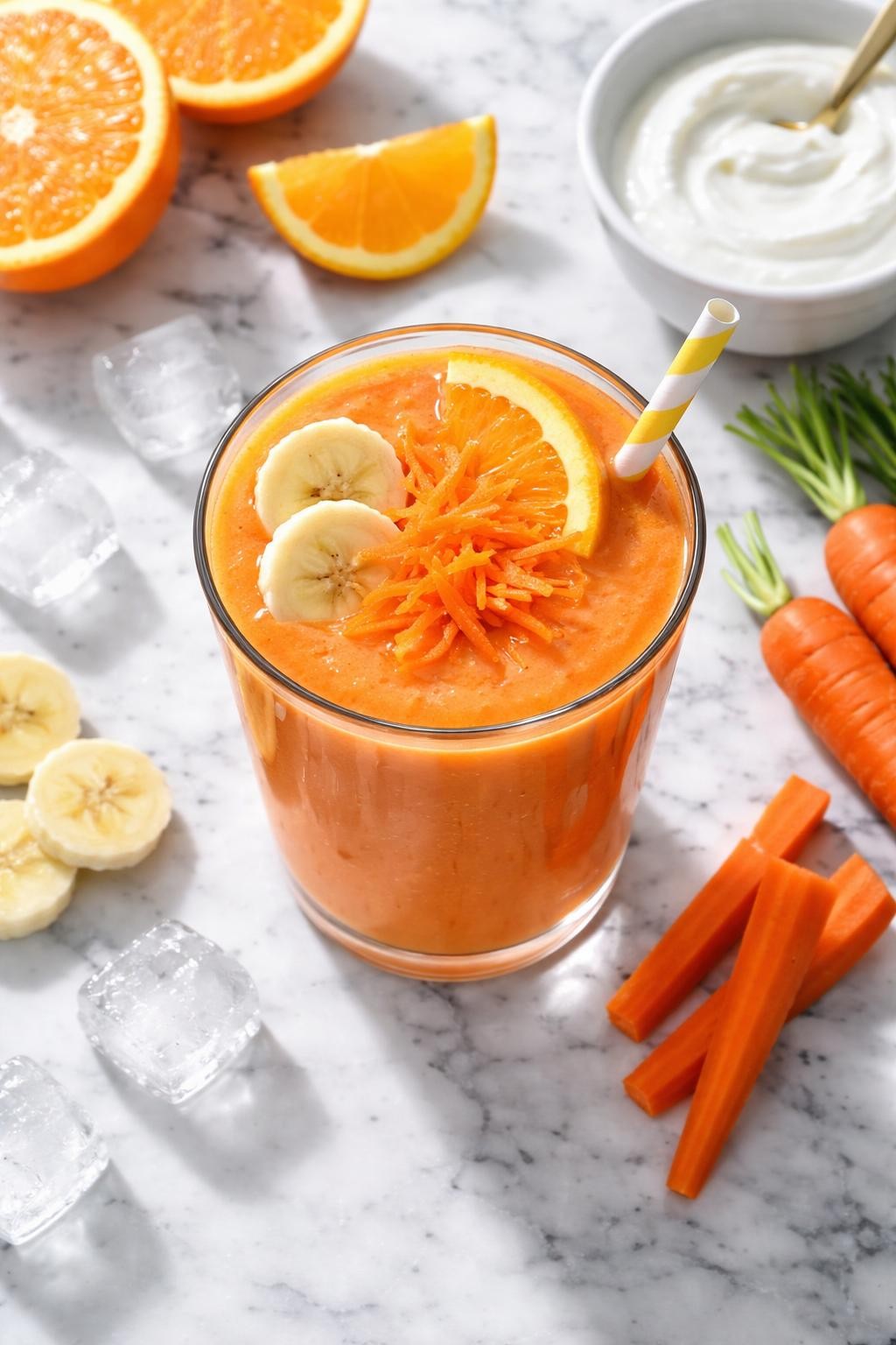 Realistic top-down editorial food photography of a carrot orange vegetable smoothie served in a clear glass on a clean white and gray marble countertop. The smoothie is bright orange, smooth, creamy, and fresh-looking, styled with shredded carrot, orange slices, banana rounds, Greek yogurt, and a few ice cubes nearby. Bright natural daylight, clean healthy smoothie styling, high detail, realistic smoothie texture, no people, no hands, no text, no watermarks, no props with writing.