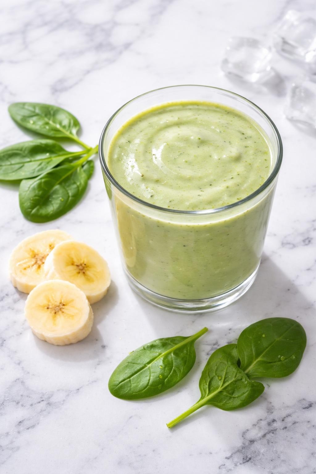 Realistic top-down editorial food photography of a creamy spinach banana green smoothie served in a clear glass on a clean white and gray marble countertop. The smoothie is pale green, thick, smooth, and fresh-looking, with a few banana slices and small spinach leaves placed neatly nearby. Bright natural window lighting, soft shadows, clean healthy breakfast styling, high detail, realistic smoothie texture, no people, no hands, no text, no watermarks, no props with writing.