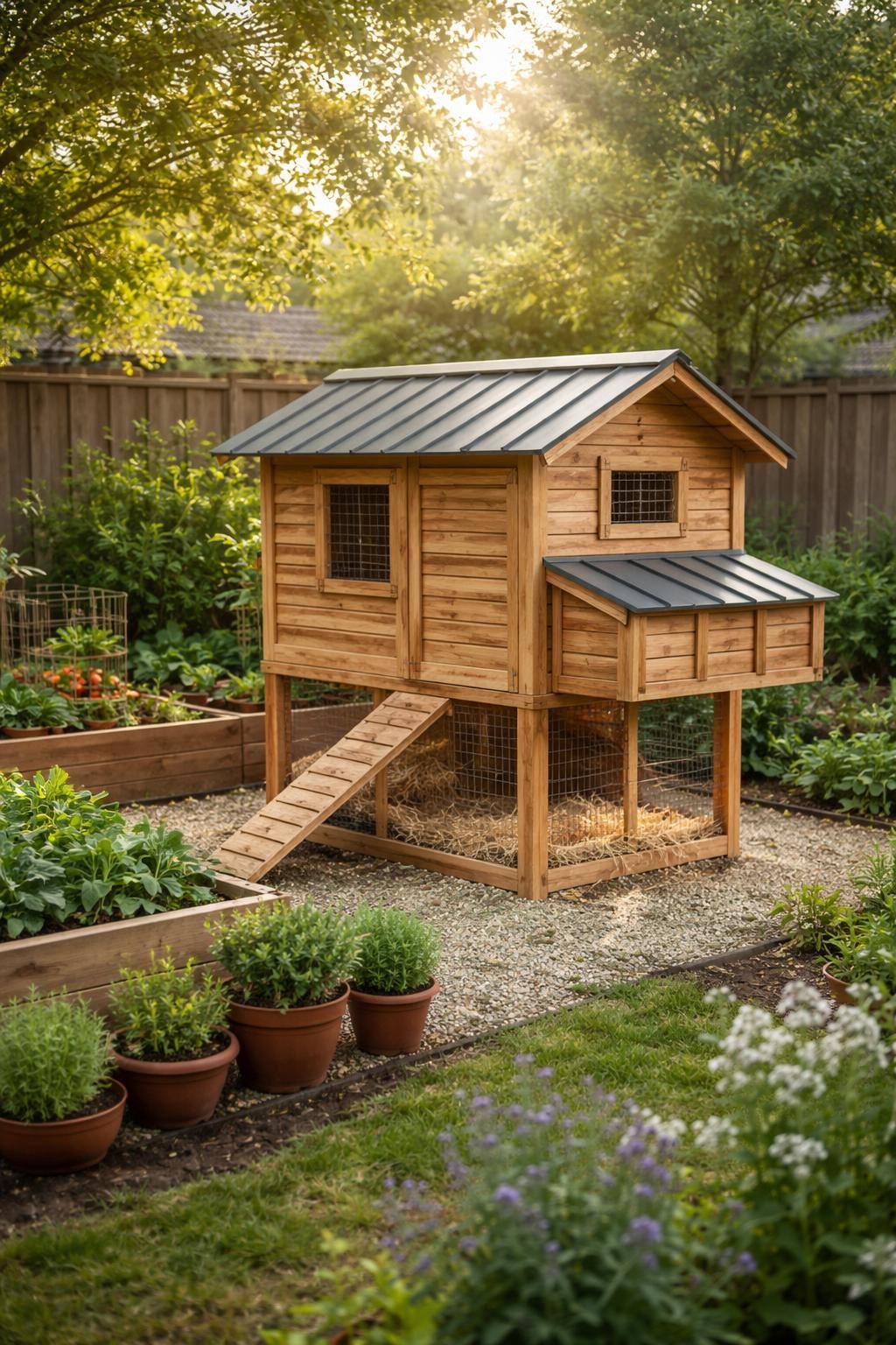 Image Prompt: A realistic small raised DIY chicken coop in a cozy backyard garden, built from natural cedar wood with a sloped dark metal roof, a tiny ramp leading down into a covered wire run, two nesting boxes on the side, clean straw bedding visible inside, potted herbs and raised vegetable beds nearby, soft morning sunlight, neat suburban homestead setting, practical and beginner-friendly design, no people, no text, no watermark.