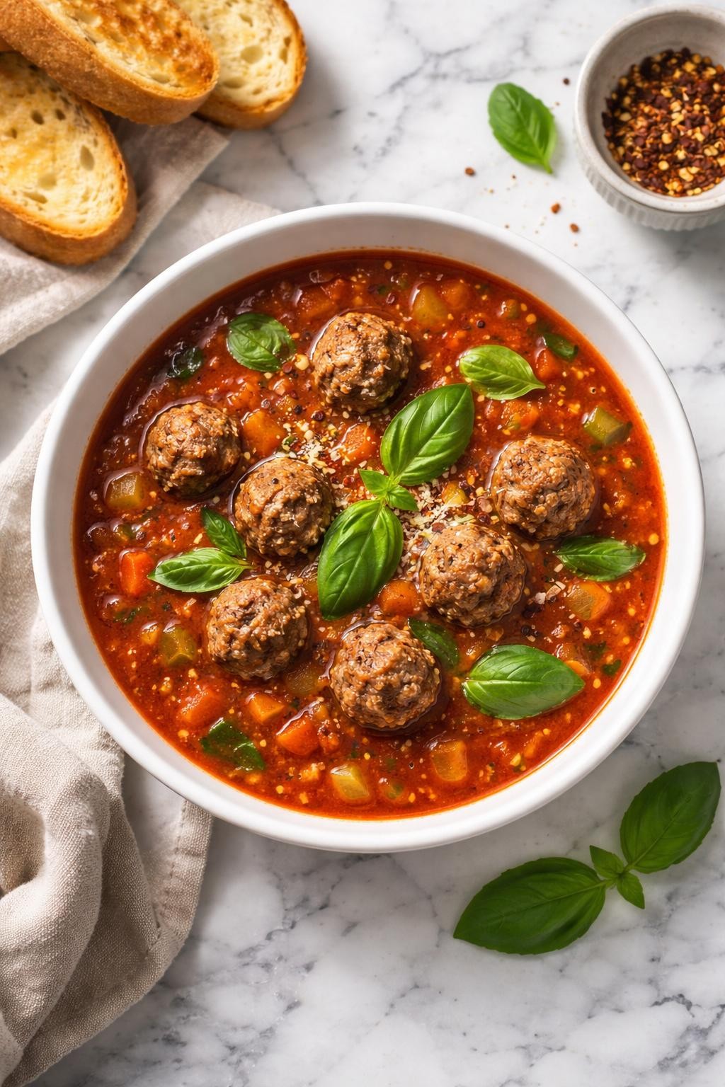 Image Prompt: Realistic top-down editorial food photography of a bowl of tomato basil meatball soup on a white and gray marble countertop, filled with browned beef meatballs in a rich red tomato broth with garlic, onion, soft vegetables, and fresh basil leaves on top, cozy homemade meal styling, bright natural light, soft shadows, clean composition, high detail, realistic food texture, no people, no hands, no text, no watermarks, no props with writing.
