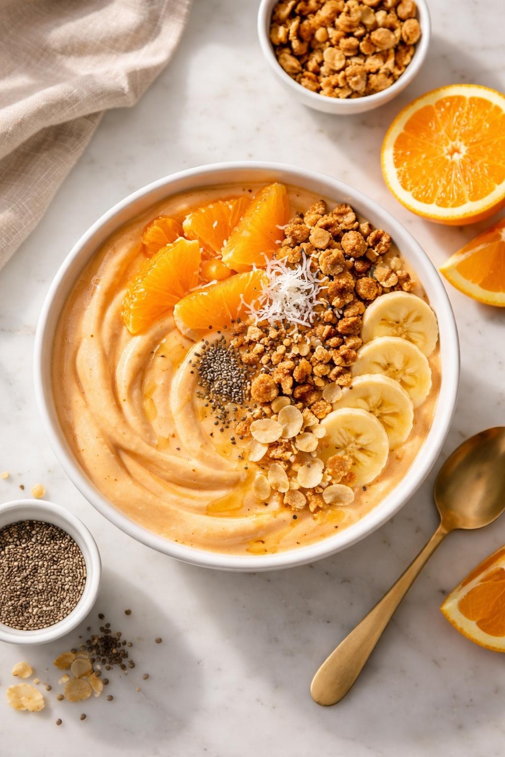 Prompt: A realistic top-down editorial food photography image of a thick orange smoothie bowl served in a white ceramic bowl, sitting on a countertop marble table. The smoothie base is creamy pale orange with a smooth swirled spoonable texture, topped with fresh orange segments, sliced banana, granola clusters, chia seeds, shredded coconut, almond flakes, and a light honey drizzle. Soft natural morning light, clean composition, fresh citrus breakfast mood, no people, no hands, no text, no watermarks, no props with writing.