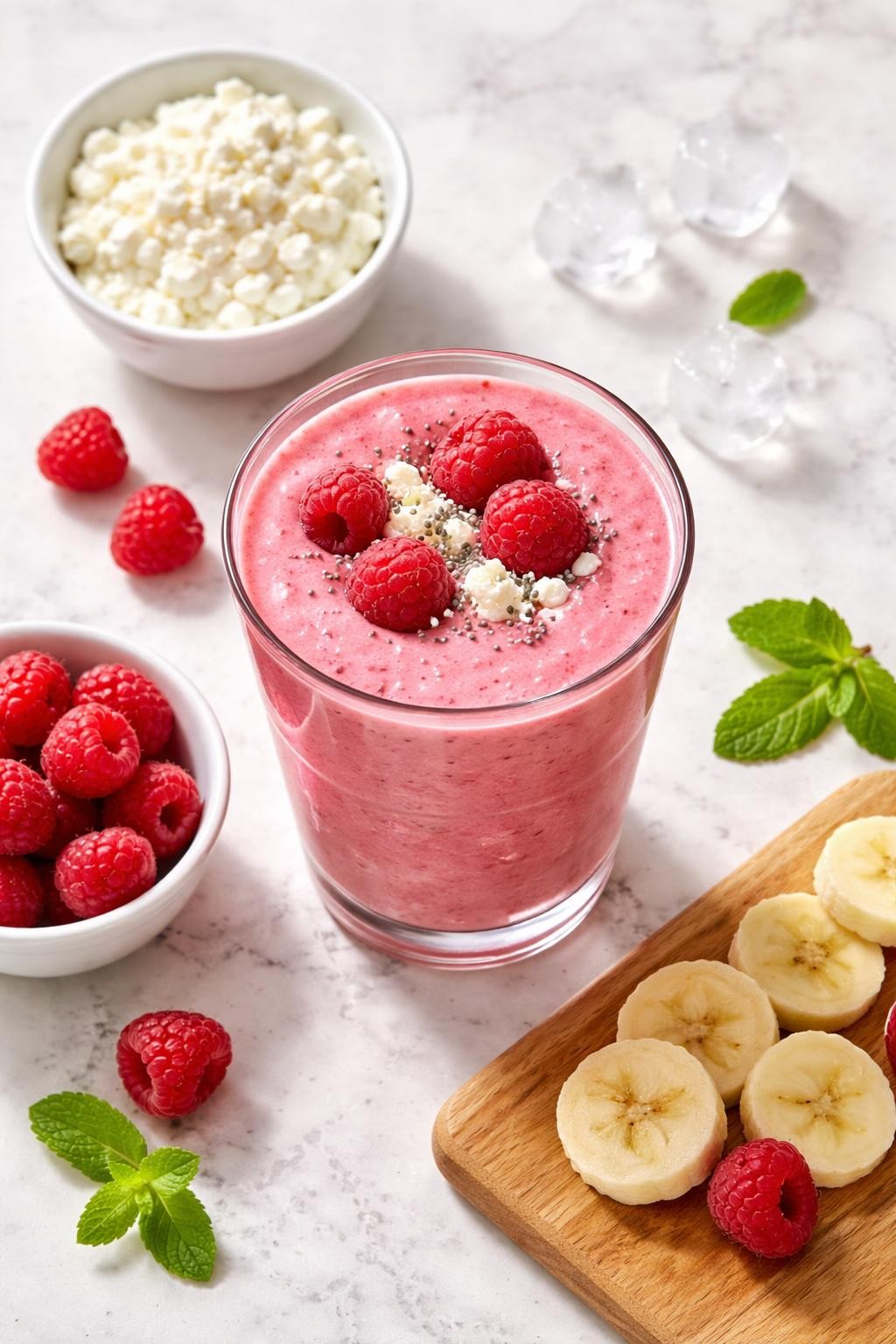 Realistic top-down food photography of a raspberry cottage cheese smoothie served in a clear glass on a light marble countertop. The smoothie is bright pink-red, thick, smooth, and creamy, styled with raspberries, cottage cheese in a plain dish, banana slices, and a few ice cubes nearby. Bright natural daylight, clean fruity breakfast smoothie styling, high detail, realistic texture, no people, no hands, no text, no watermarks, no props with writing.