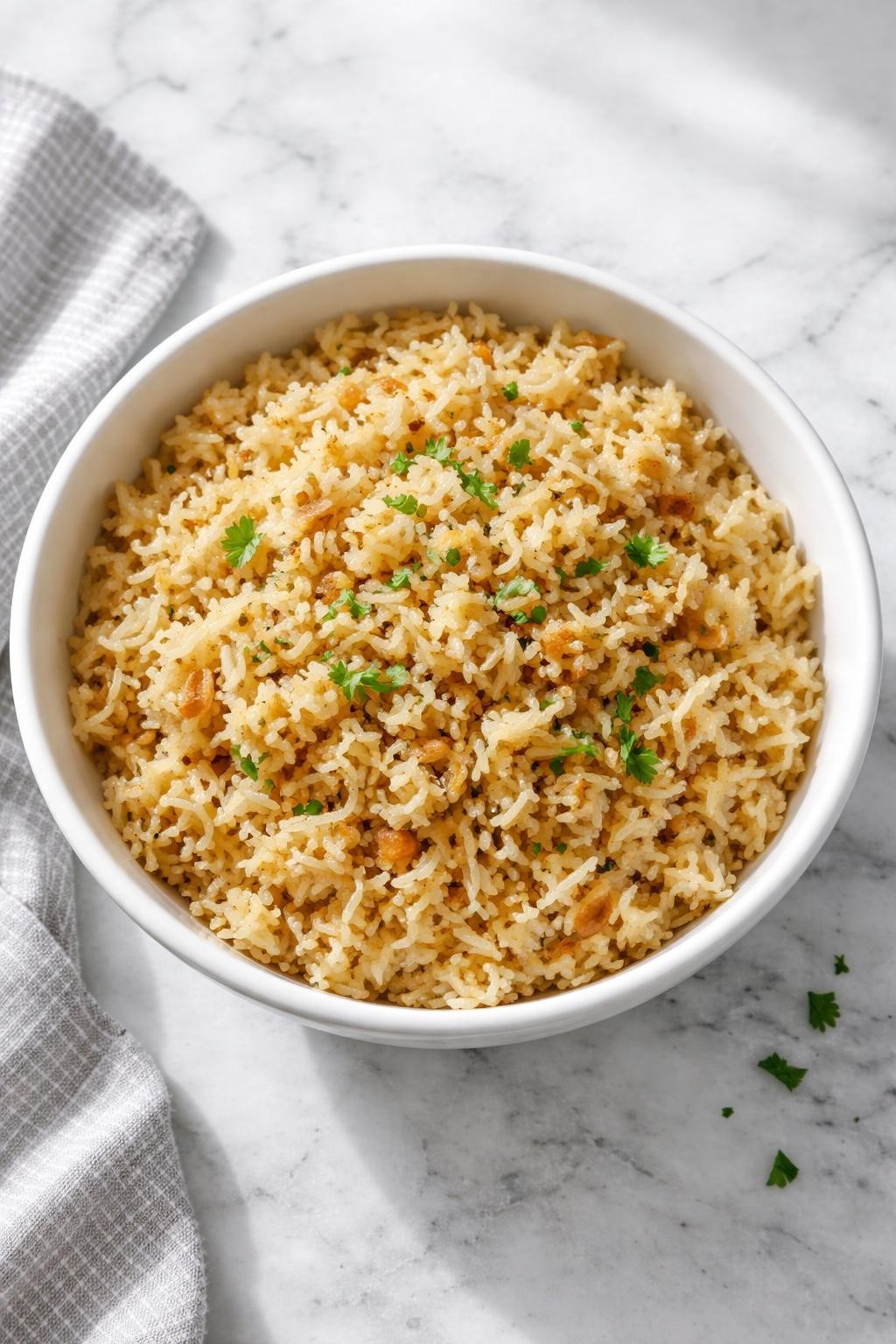 Image Prompt: Realistic top-down editorial food photography of onion soup mix rice on a clean white and gray marble countertop, fluffy golden rice cooked with onion seasoning and butter in a simple white serving bowl, cozy homemade side dish mood, bright natural window light, soft shadows, clean composition, high detail, realistic food texture, no people, no hands, no text, no watermarks, no props with writing.