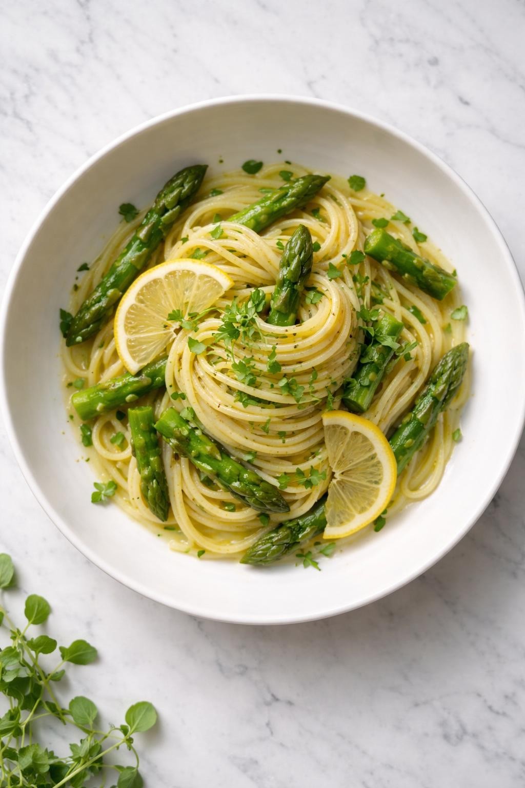 Image Prompt: Top-down realistic editorial food photography of elegant vegan asparagus lemon pasta in a shallow white bowl on a clean marble countertop, long pasta twirled neatly with bright green asparagus, glossy lemon sauce, and delicate herb garnish, refined fine dining plating, bright natural daylight, no people, no hands, no text, no watermarks, no props with writing.