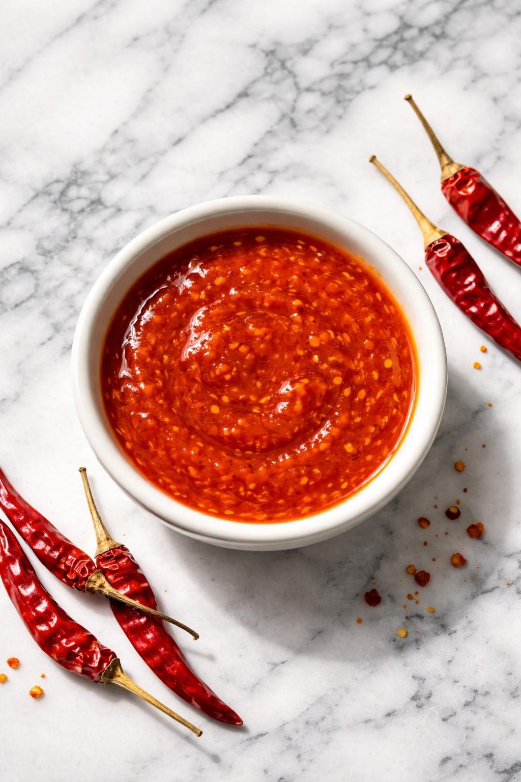 Image Prompt: Realistic top-down editorial food photography of a small bowl of chile de arbol sauce on a white and gray marble surface, fiery bright red Mexican sauce with smooth glossy texture, made from dried chile de arbol, garlic, tomato, and oil, a few dried red chiles scattered nearby, strong natural light, bold homemade mood, clean composition, no people, no hands, no text, no watermarks, no props with writing.