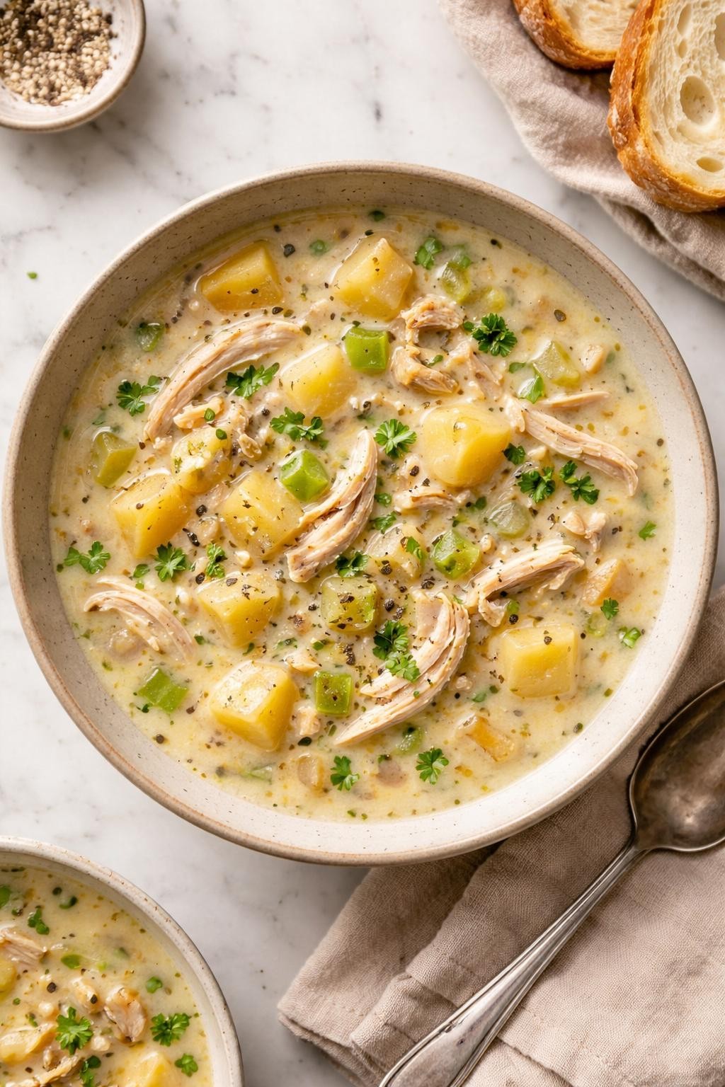 Image Prompt: Realistic top-down editorial food photography of chicken breast potato soup in a neutral bowl on a white marble countertop, creamy broth with shredded chicken breast, tender potato cubes, onion, celery, and herbs, cozy homemade dinner feel, soft natural daylight, no people, no hands, no text, no watermarks, no props with writing.